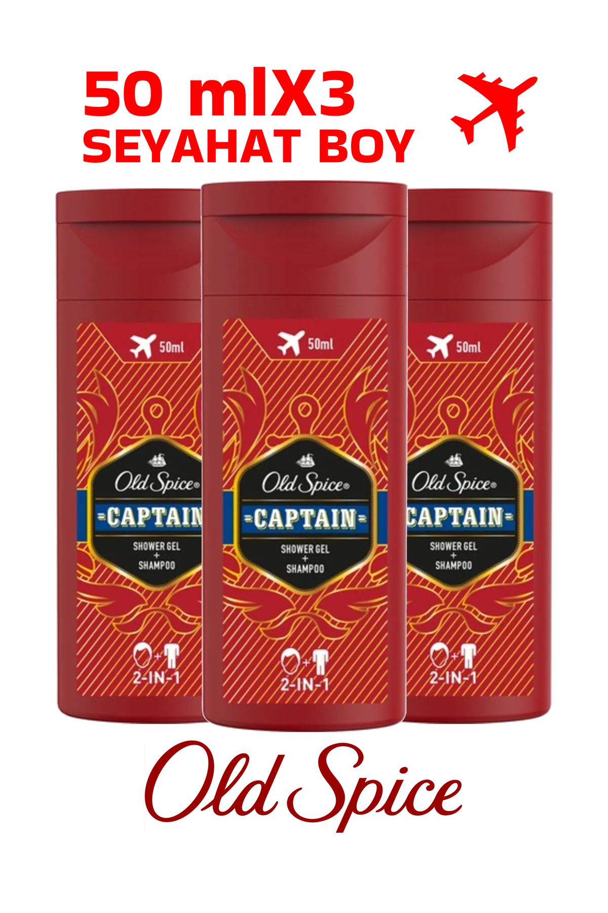 Old Spice Captain Duş Jeli Şampuan 50 ml X 3 Adet Seyahat Boy Set, Shower Gel 50 mlX3