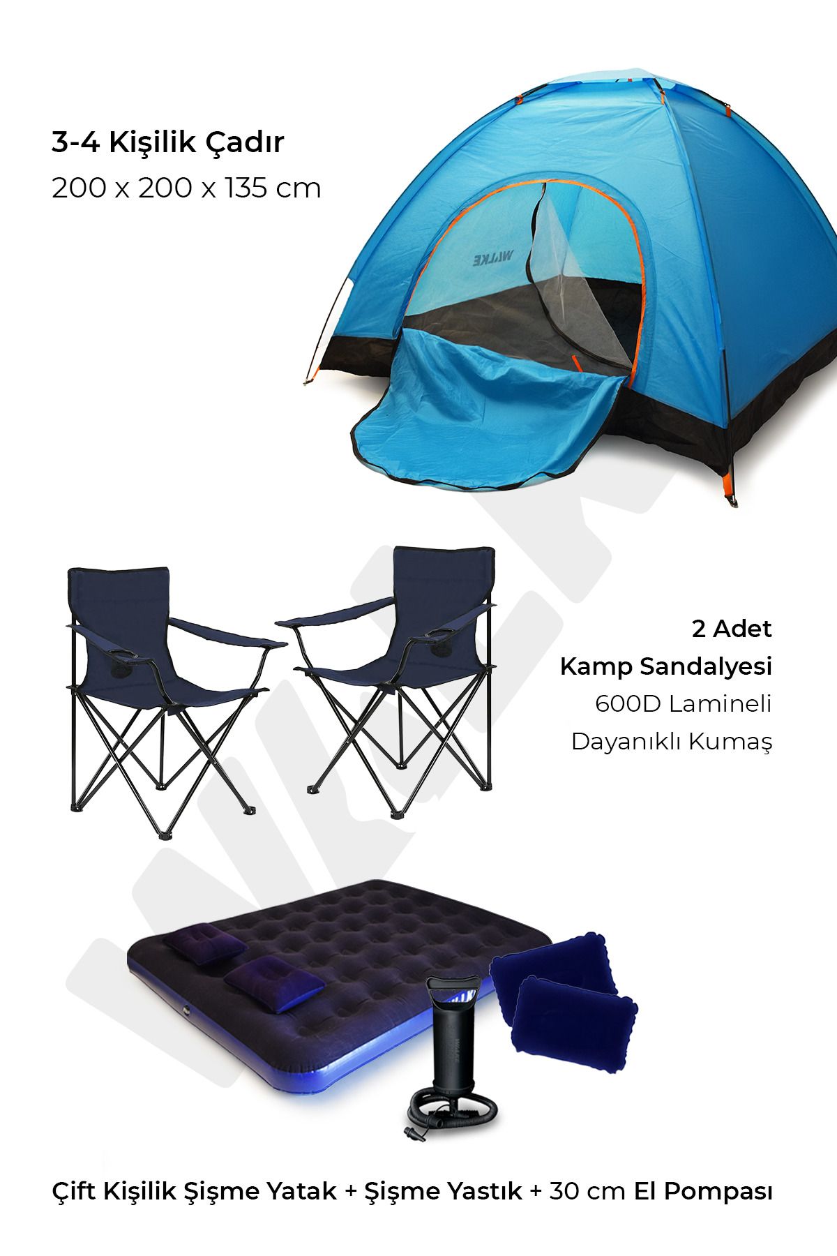 Walke Lüks Kamp Seti 4 Kişilik Çadır Çift Kişilik Yatak 2 Adet Lacivert Sandalye 2 Yastık Pompa