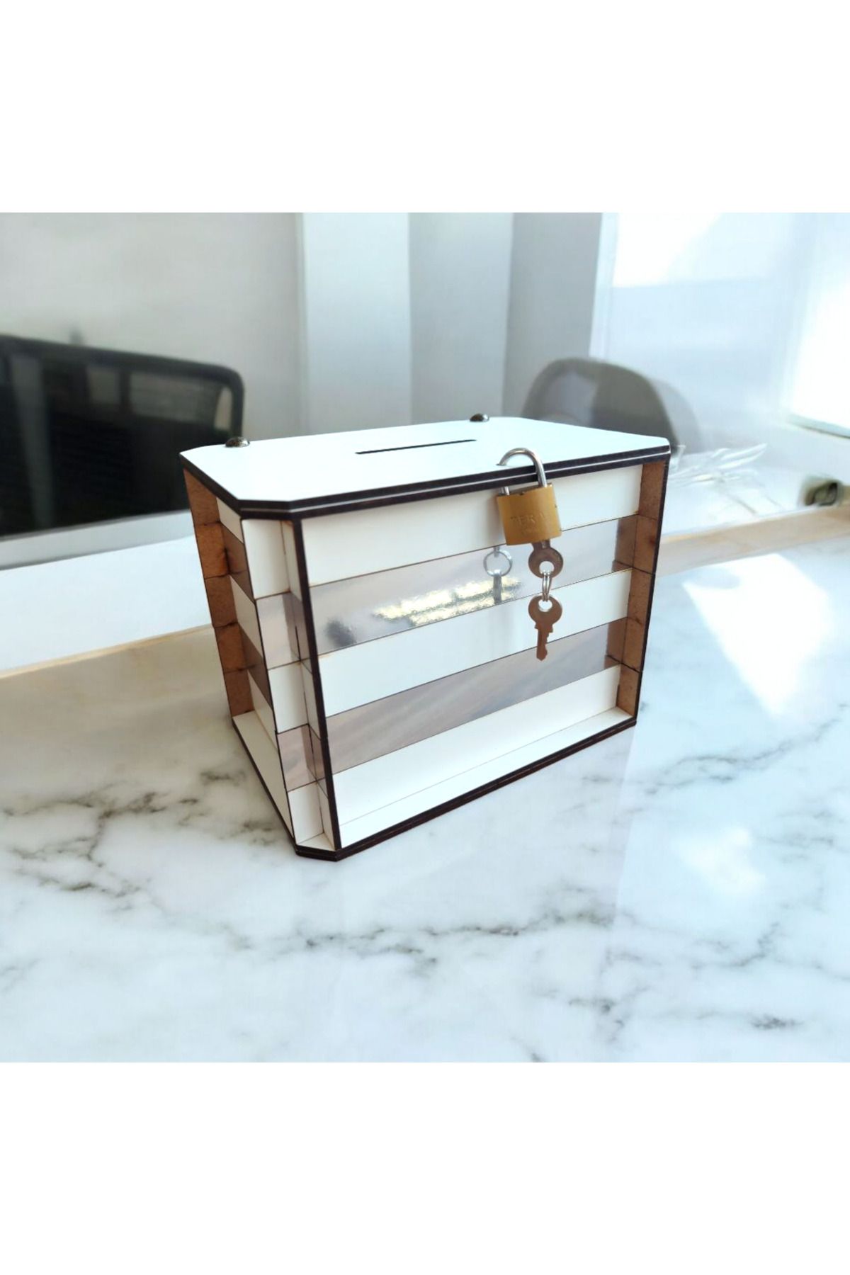 Demo Tasarım Kumbara - Parabox Ahşap Tip Box (BEYAZ-GÜMÜŞ)