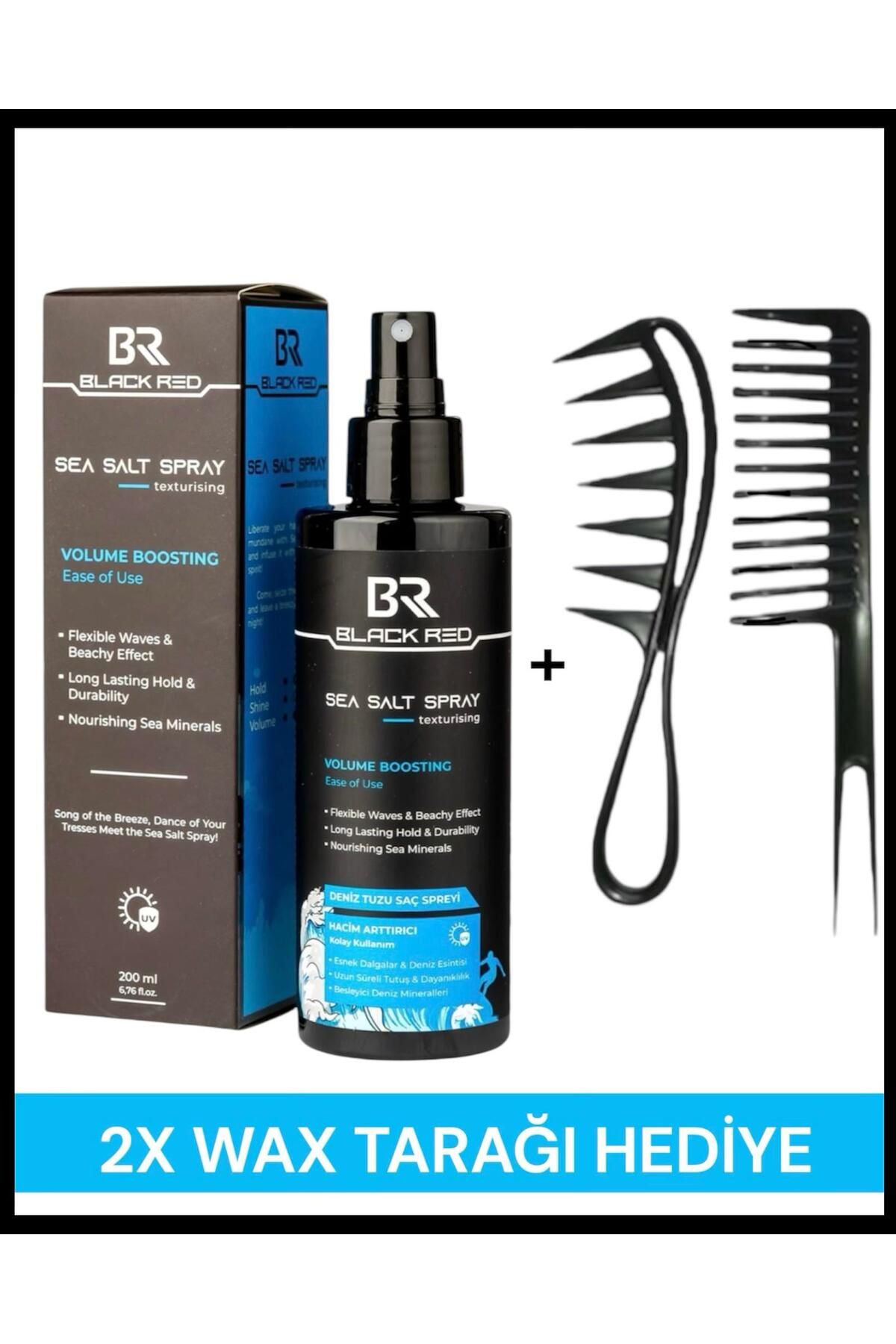 Black Red Saç Deniz Tuzu Spreyi Sea Salt Spray Orta Tutuşlu Hacim Verici Anti Uv Saç Şekillendirici+Wax Tarağı