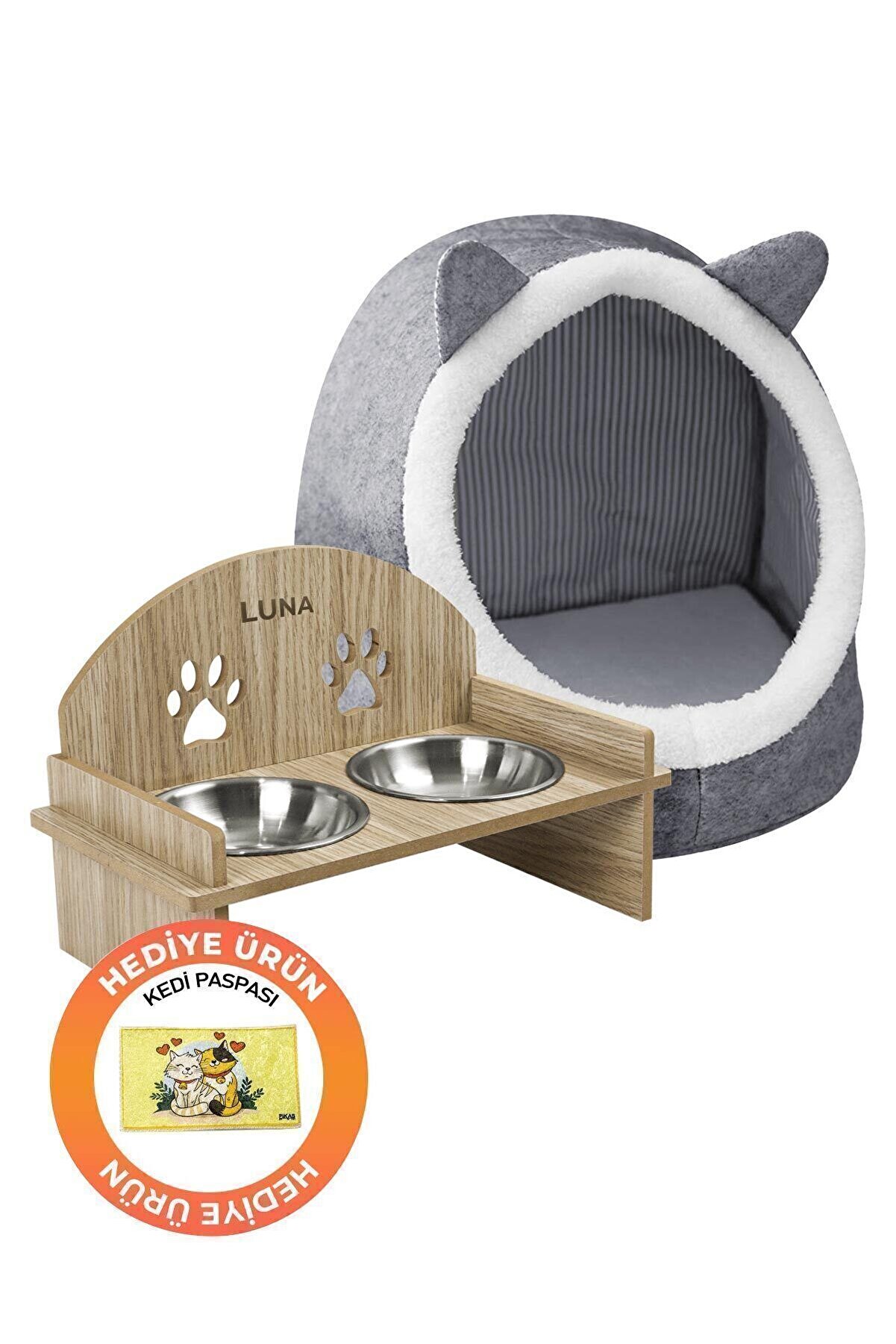 GOBYPET Alas Gri Keçe Kedi Ve Köpek Yatağı ve Suluk Seti - 2 Kaseli
