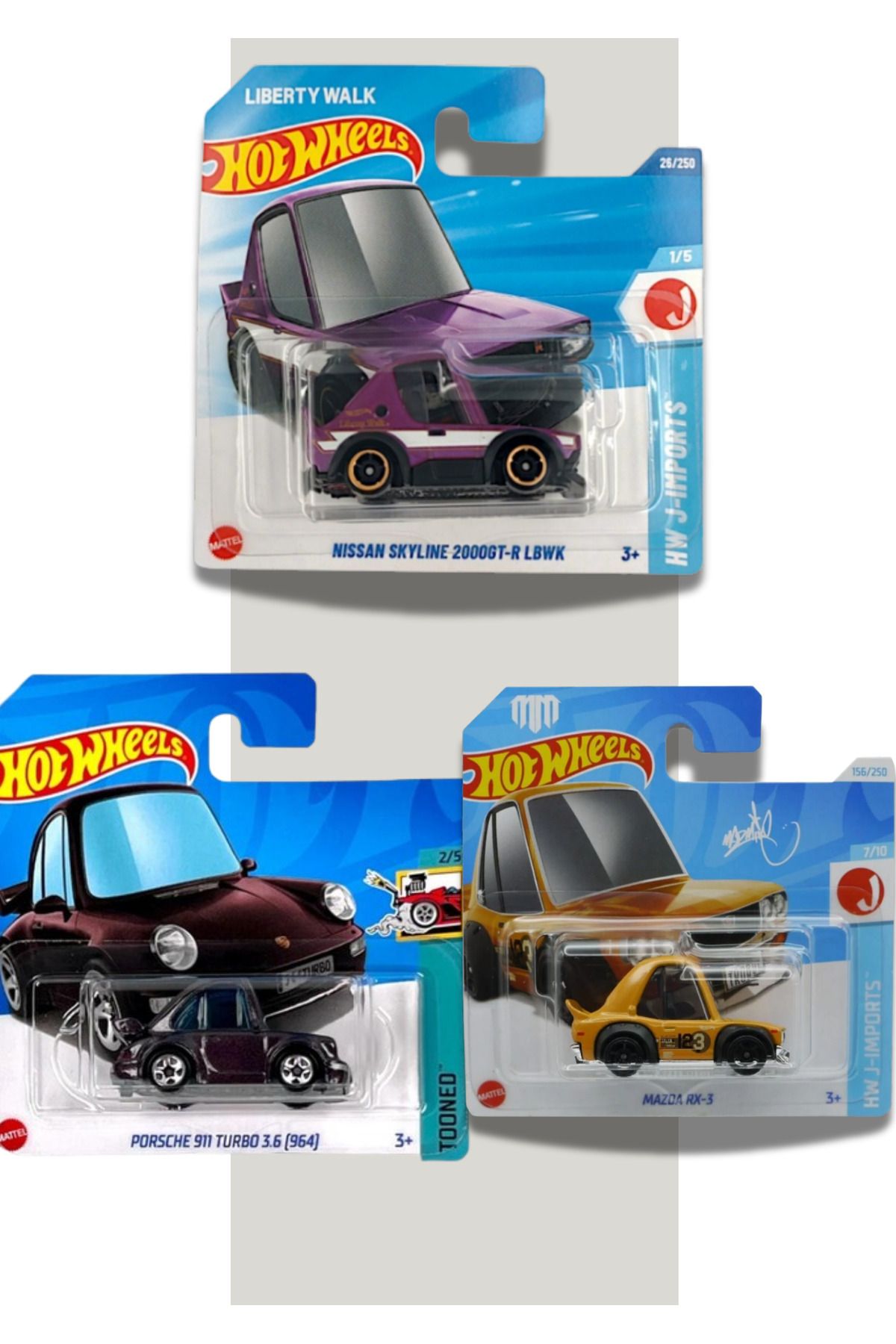 HOT WHEELS 3'lü Set, Nissan Skyline 2000gt-r Lbwk, Porsche 911 Turbo 3.6(964), Mazda Rx-3