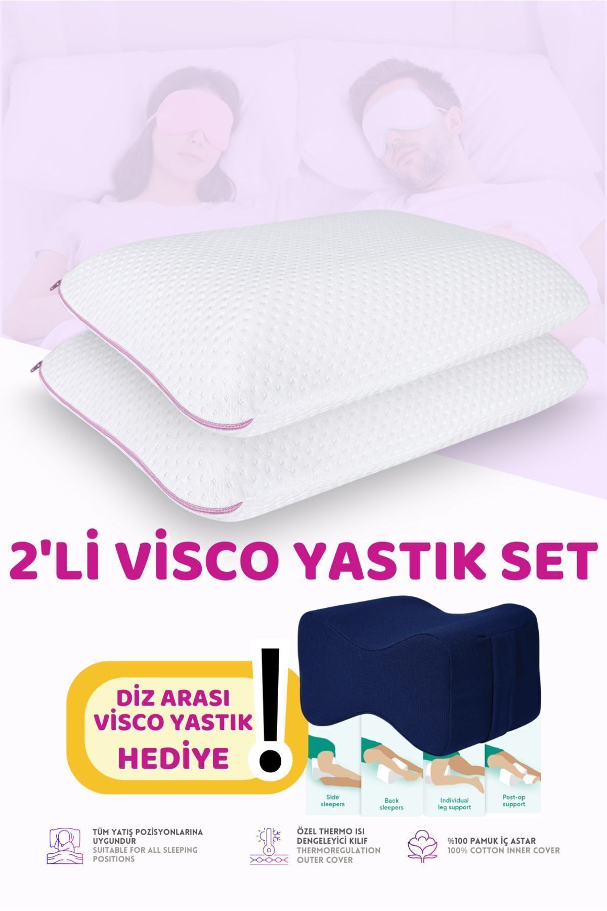 VİSCOTEX 2'li Set Visco Hava Kanallı Ortopedik Yastık, 60x40x14cm, Beyaz-Pembe