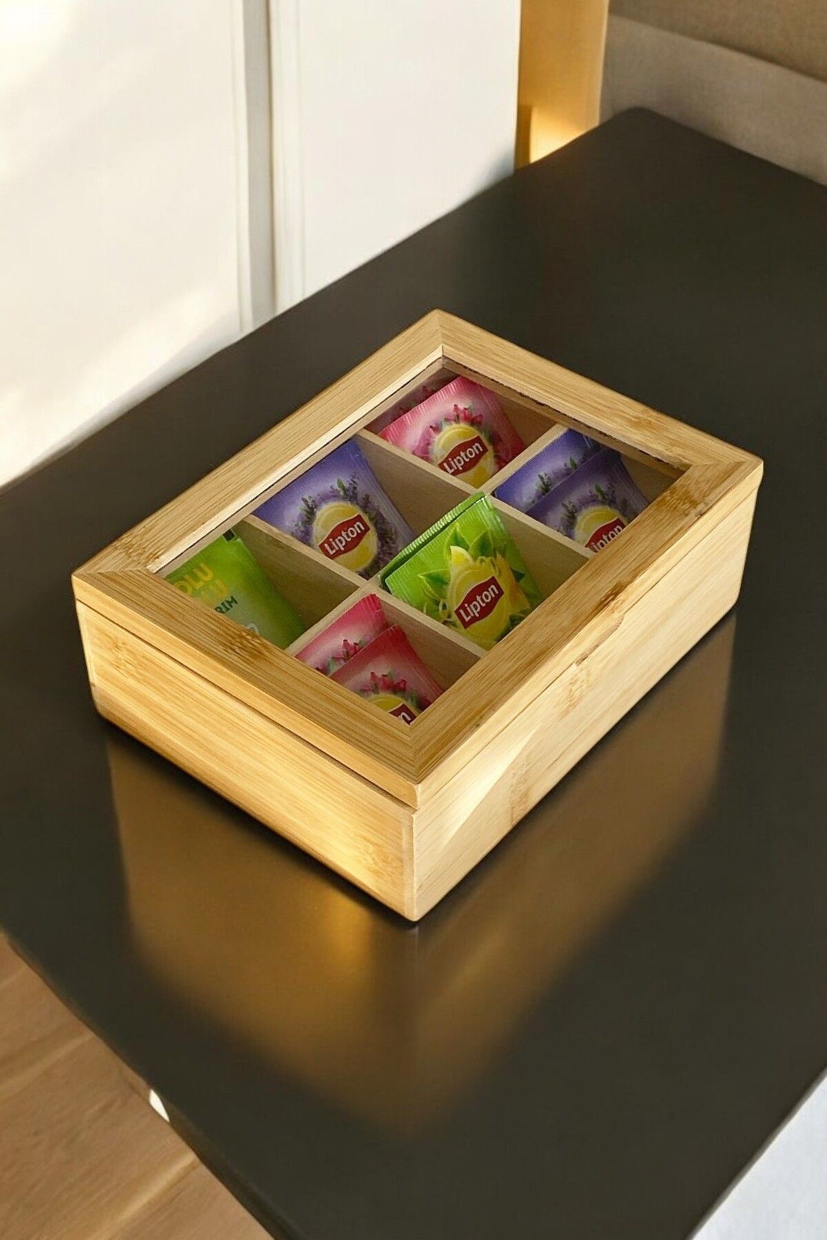Deconox Bambu 6 Bölmeli Çay Kutusu -%100 Bambu Mıknatıslı Kapak 21x16,5 x7cm