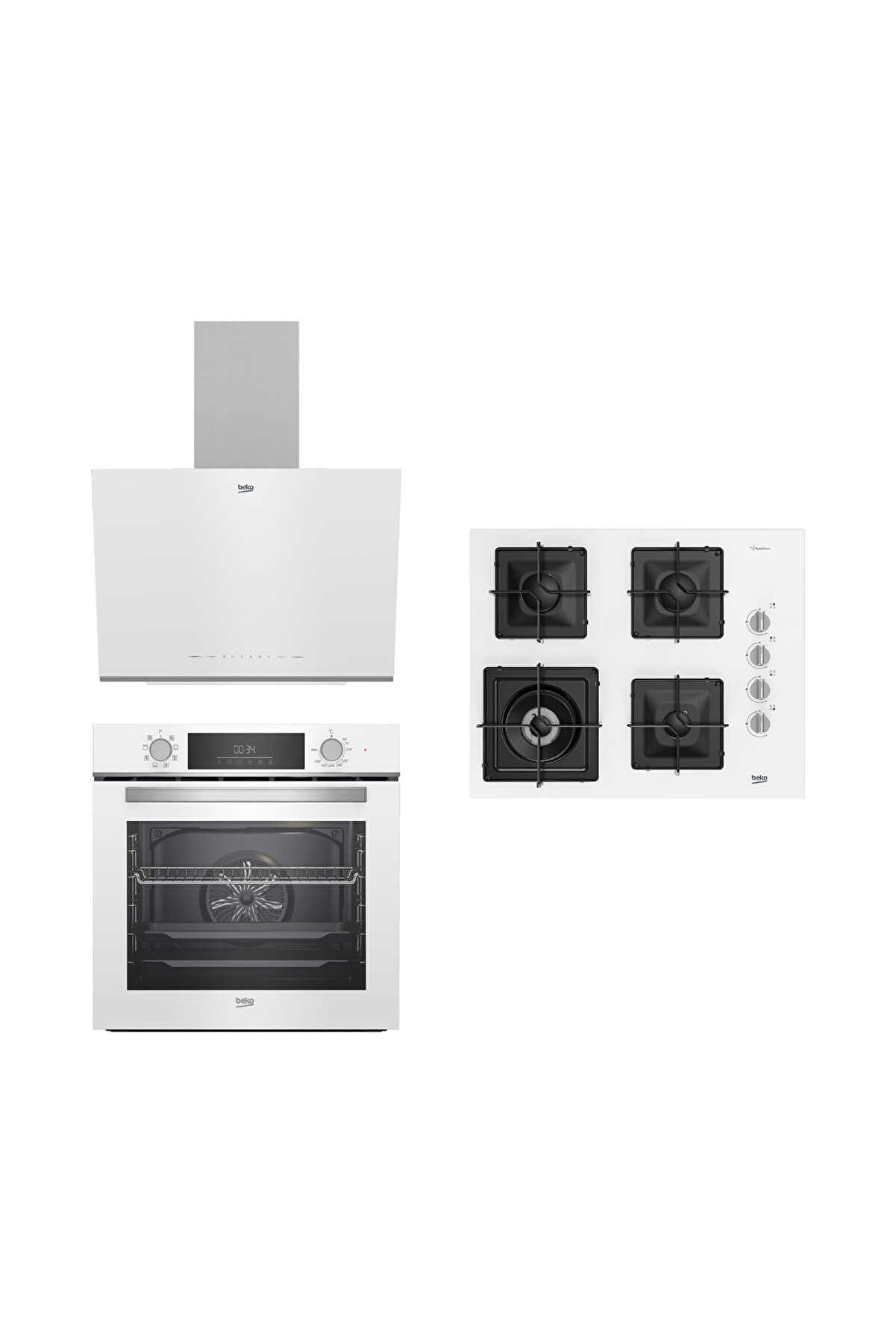 Beyaz Cam Buhar Destekli Wok Gözlü 3lü Ankastre Set (BFC430B - BOCDK6510EWB - BDE6062B)