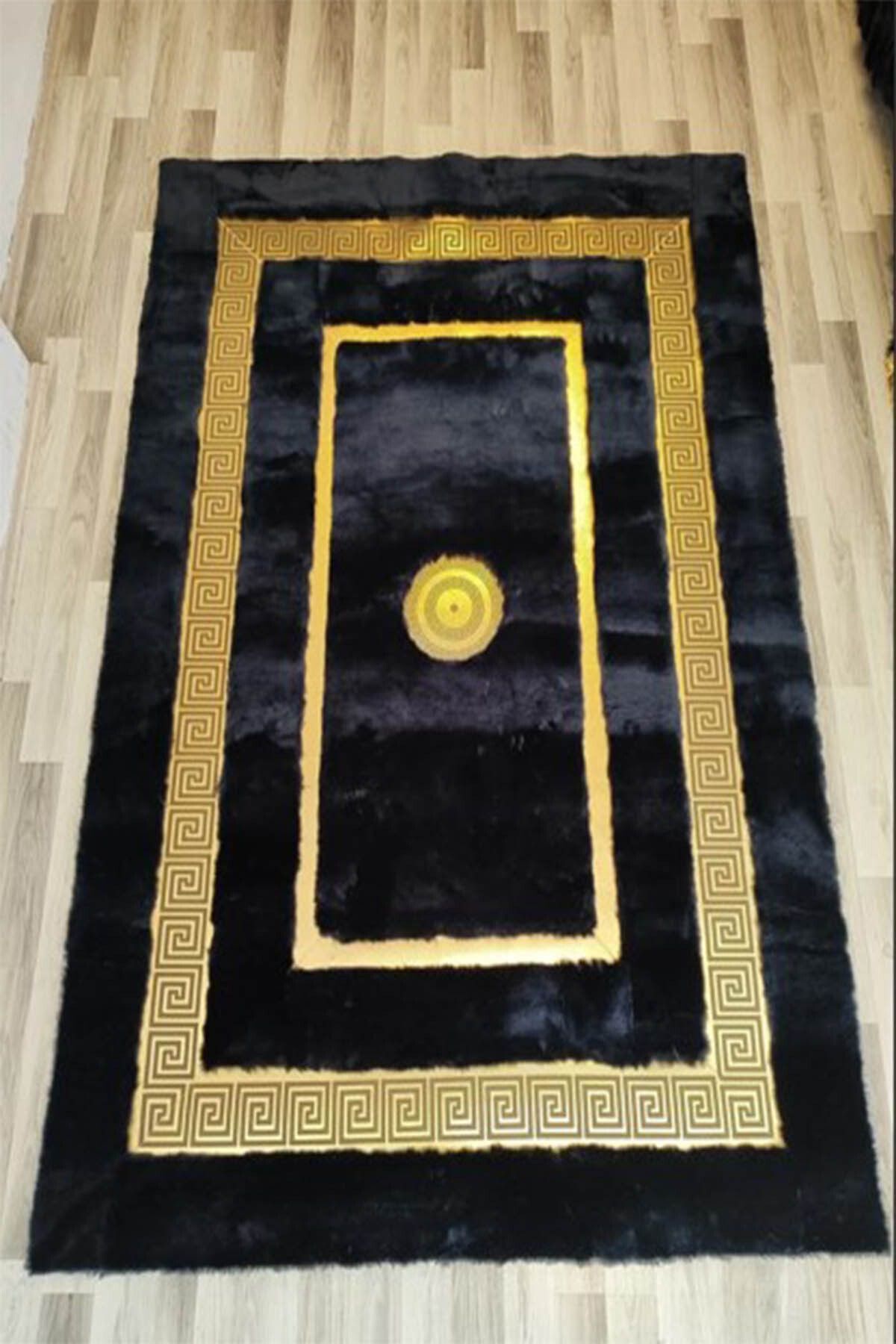 KRAL HOME Gold Varaklı Siyah Renk Lüks Tasarı Peluş Halı