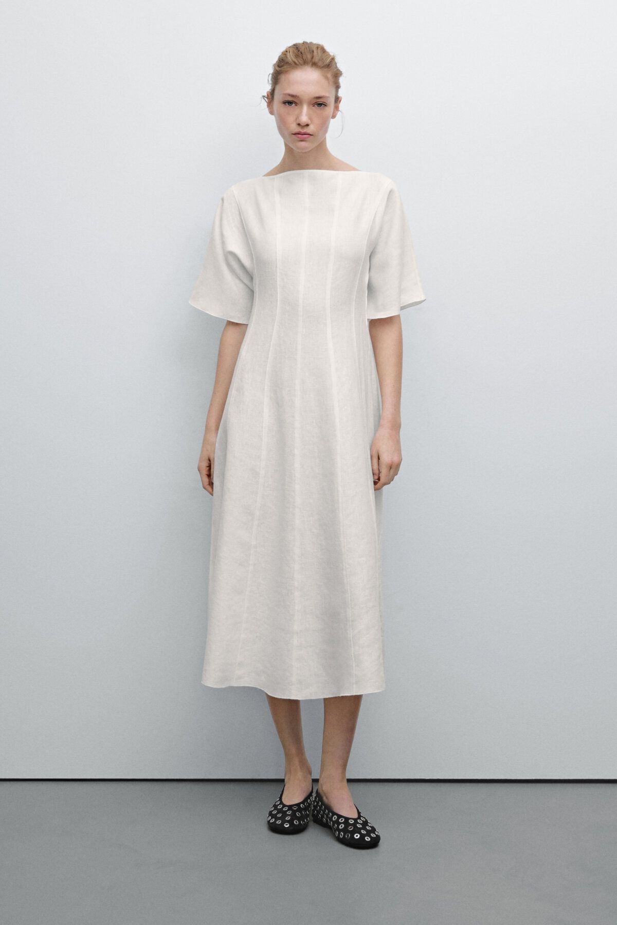 Massimo Dutti Dikişli %100 keten midi elbise