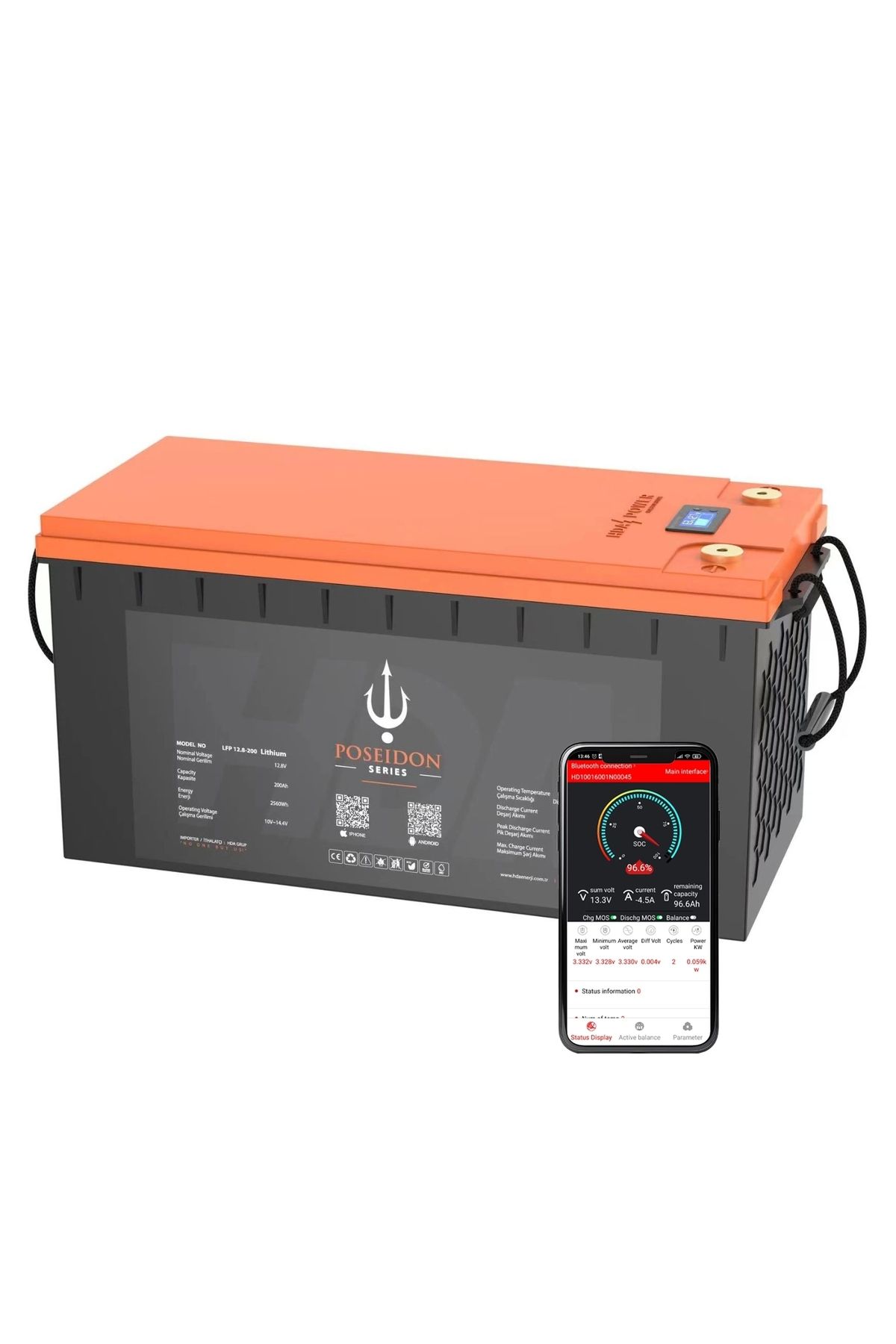 HDA Power Poseidon 12.8v 200 Amper 5000 Döngü. Bluetooth Lityum Lifepo4 Akü