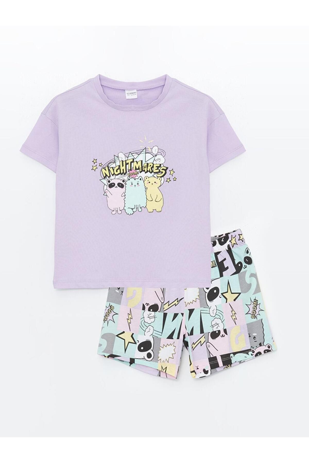 LC Waikiki Bisiklet Yaka Baskılı Kısa Kollu Kız Çocuk Şortlu Pijama Takımı