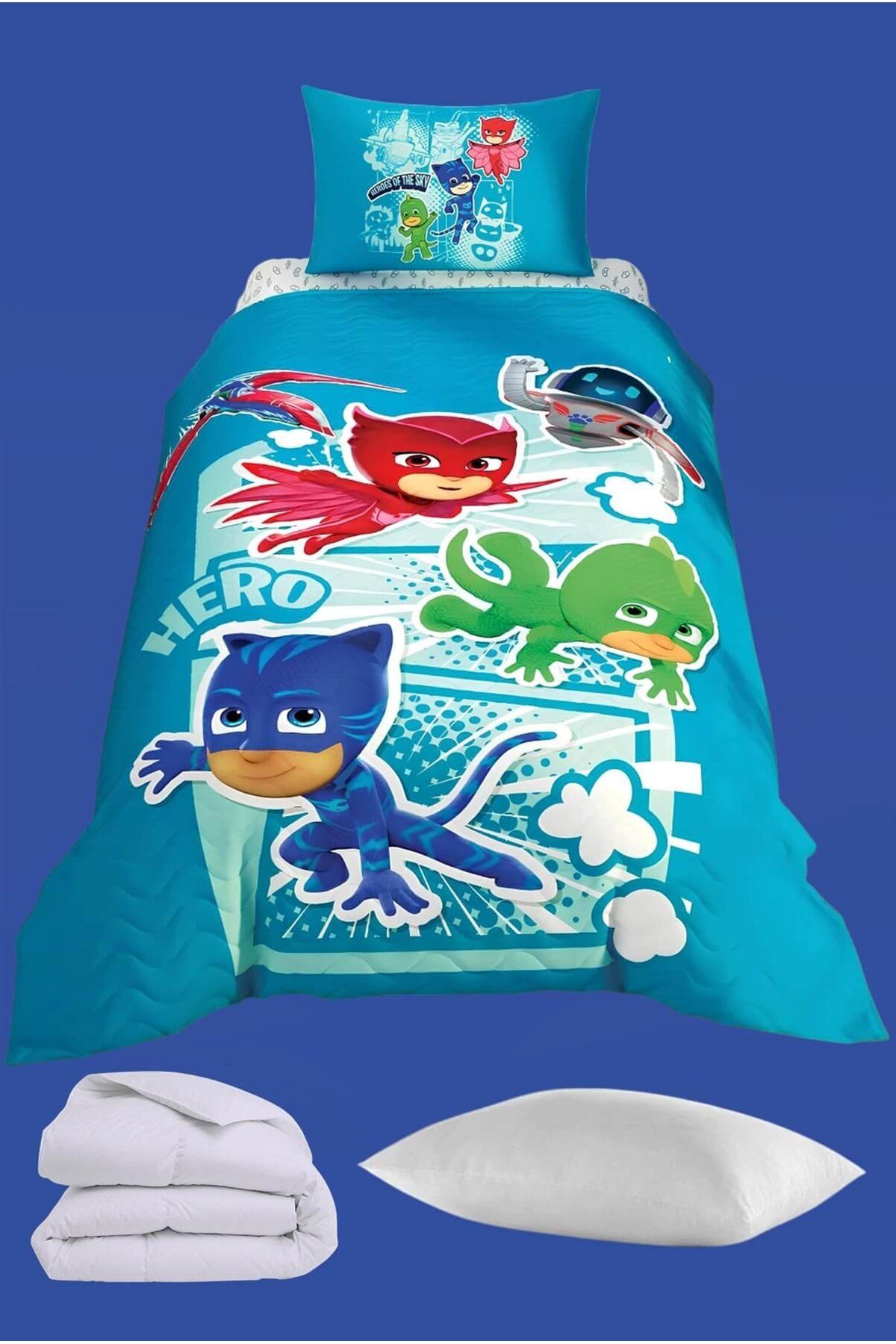 Taç Lisanslı PJ Masks Hero Kapitoneli Tek Kişilik Uyku Seti + Yorgan + Yastık
