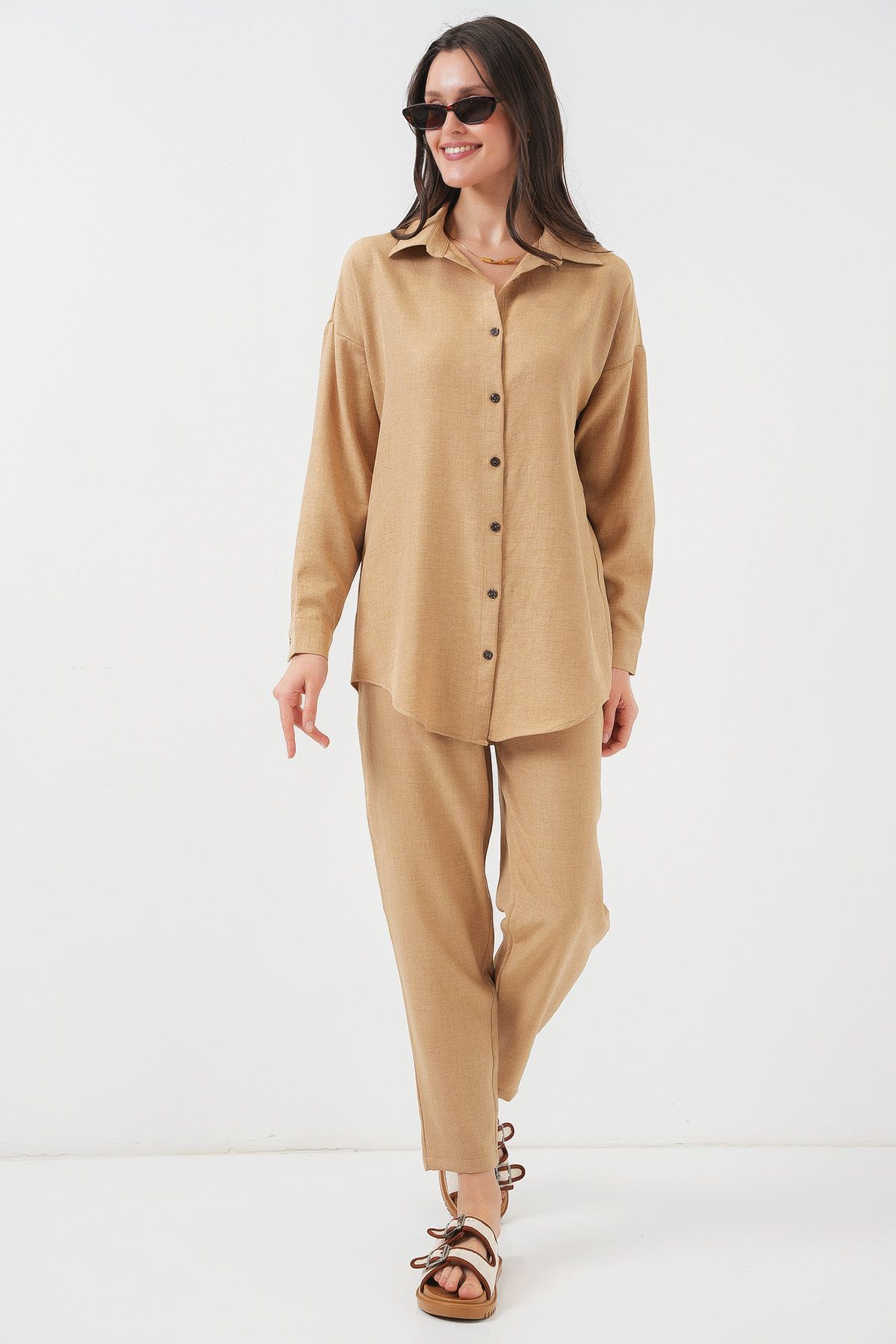 Bigdart Kadın Camel Oversize Rahat Kalıp Keten Alt Üst Takım