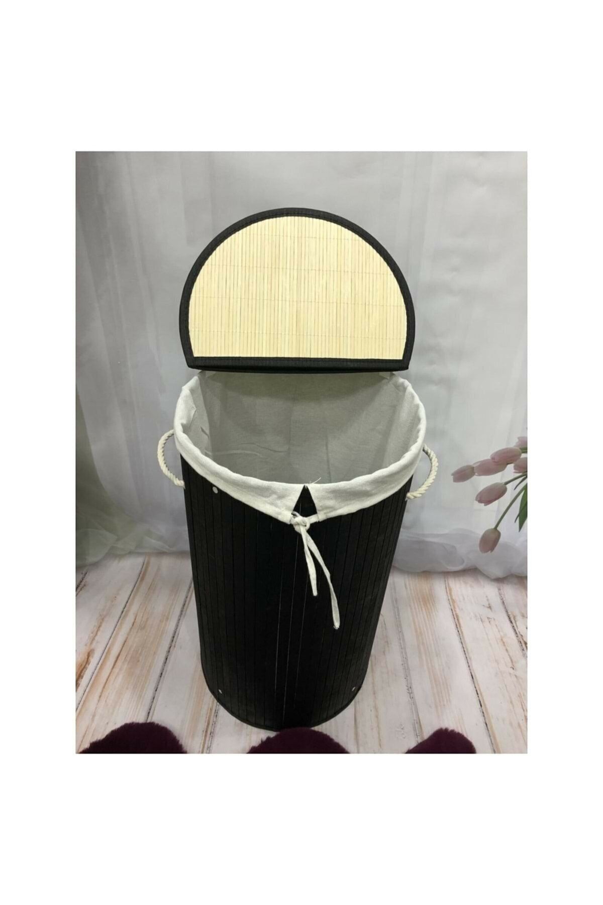 E-LİFE HOME Katlanır Oval Bambu Çamaşır Kirli Sepeti