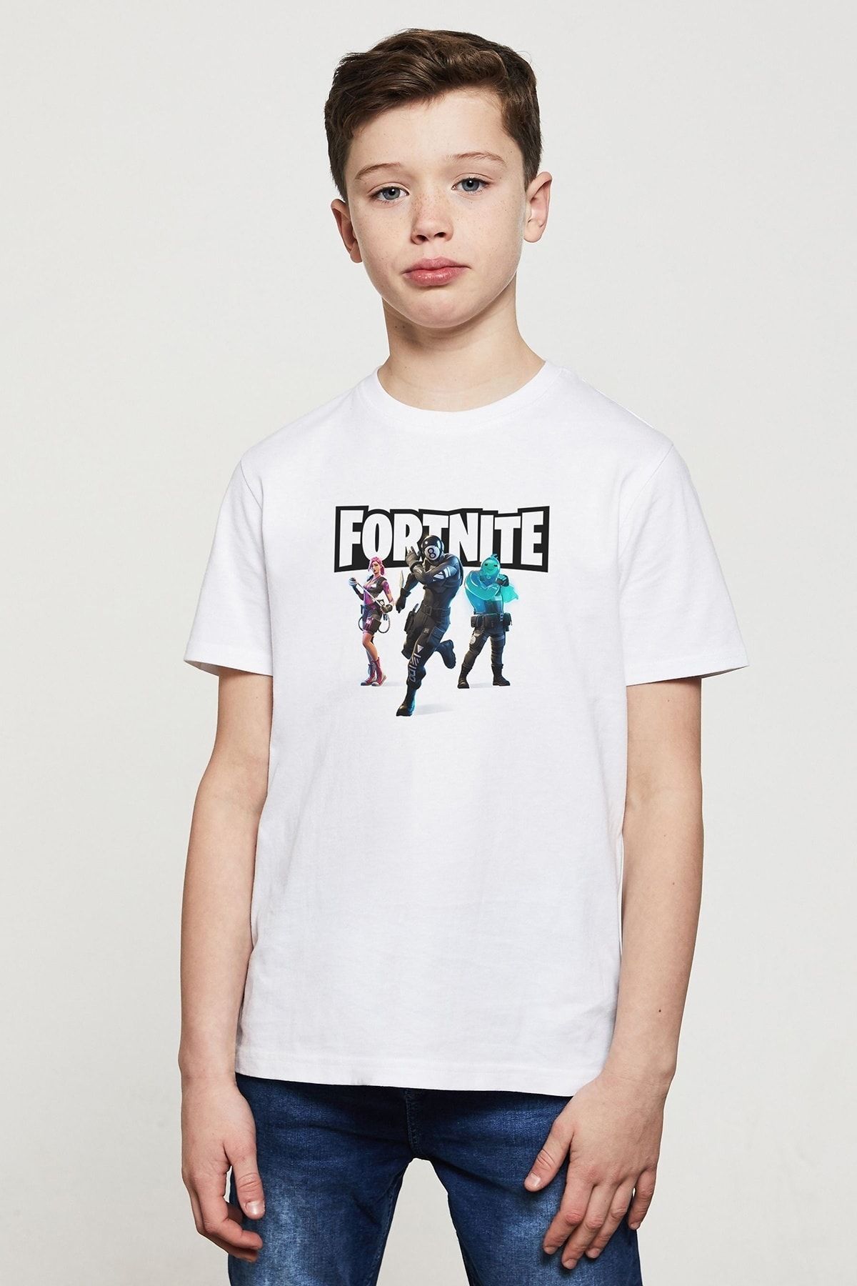 QIVI Unisex Çocuk Beyaz Fortnite Station Baskılı T-shirt