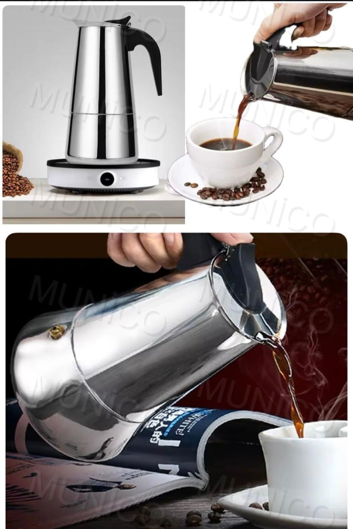 Munico 300ml Fincan Paslanmaz Çelik İtalyan Üstü Moka Espresso Cafeteira Expresso Perkolatör Ocak Üstü