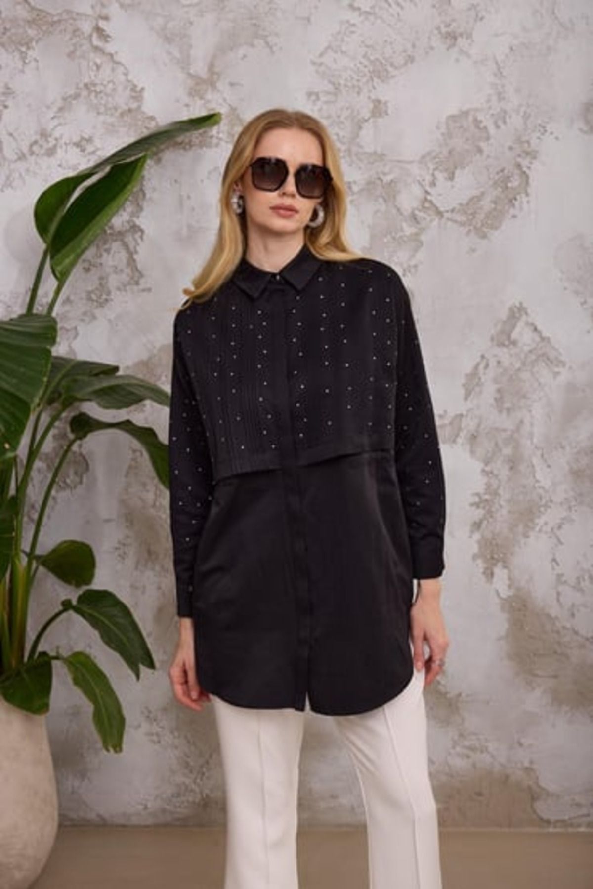 Moodbasic Marwa by moodbasic SERPME TAŞLI NERVÜRLÜ GÖMLEK