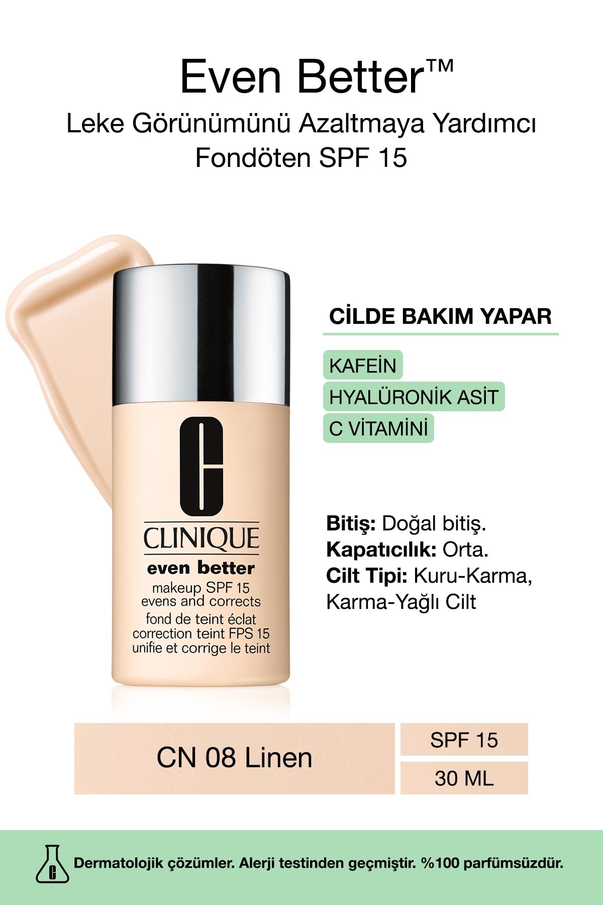 Clinique Even Better™ Doğal Bitişli Fondöten Spf 15 - Renk: Cn 08 Linen 30ml | C Vitamini