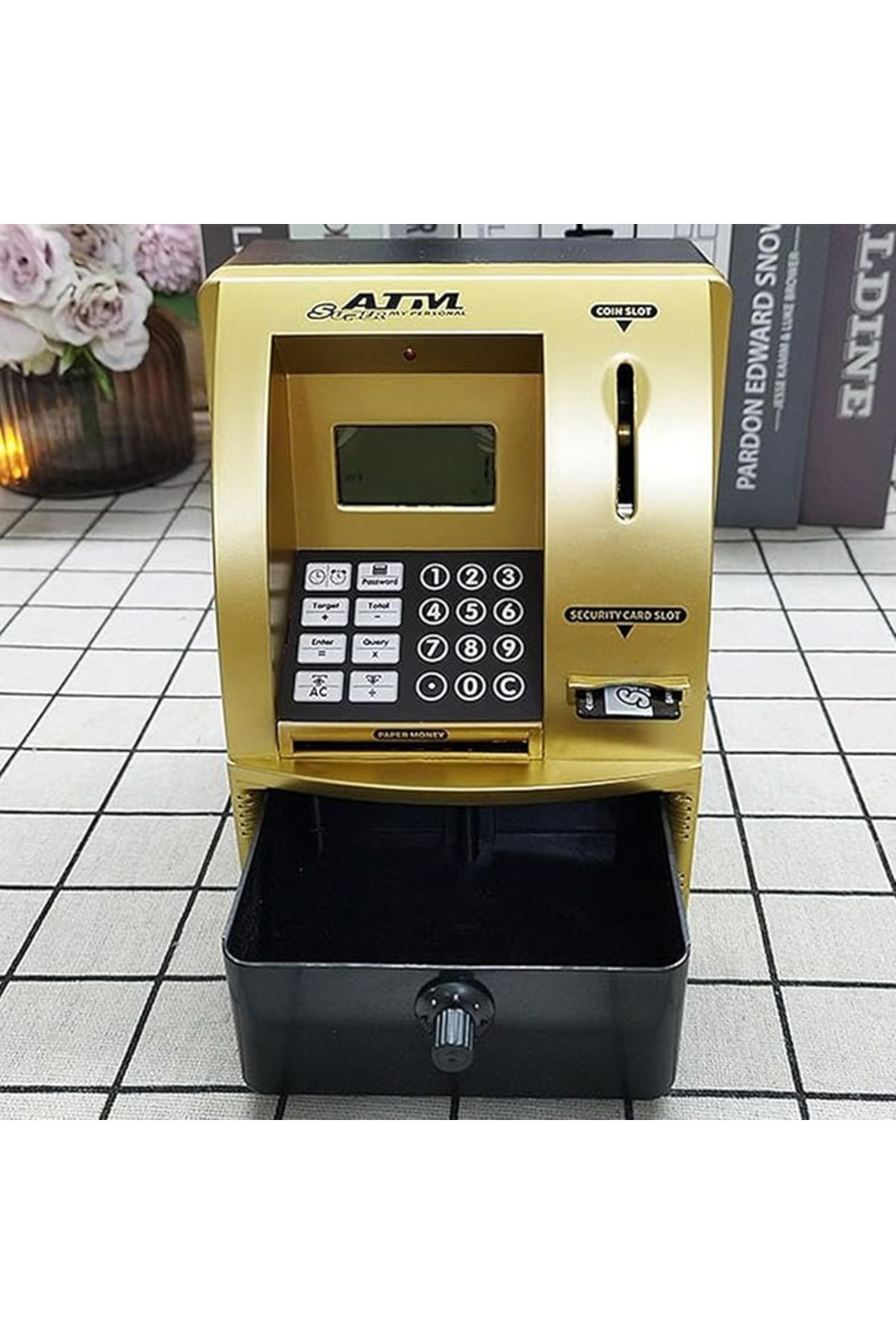 TechTic LCD Ekran ATM Şifreli Kumbara Kağıt Demir Para Girişli Kartlı Sesli Yönlendirme Takvim Saat