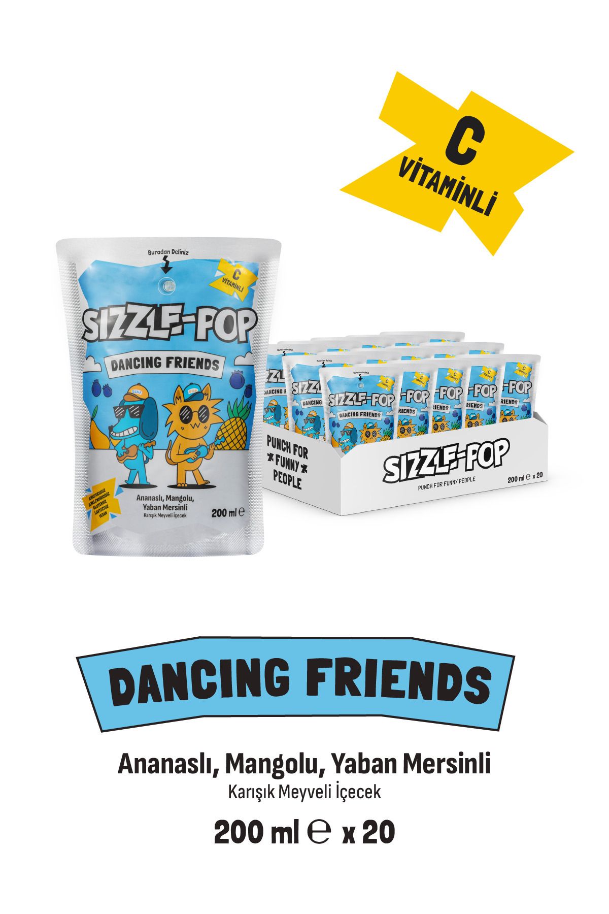 SIZZLE-POP DANCING FRIENDS ANANAS MANGO YABANMERSİNİ MEYVE SUYU 200 ML X 20 ADET