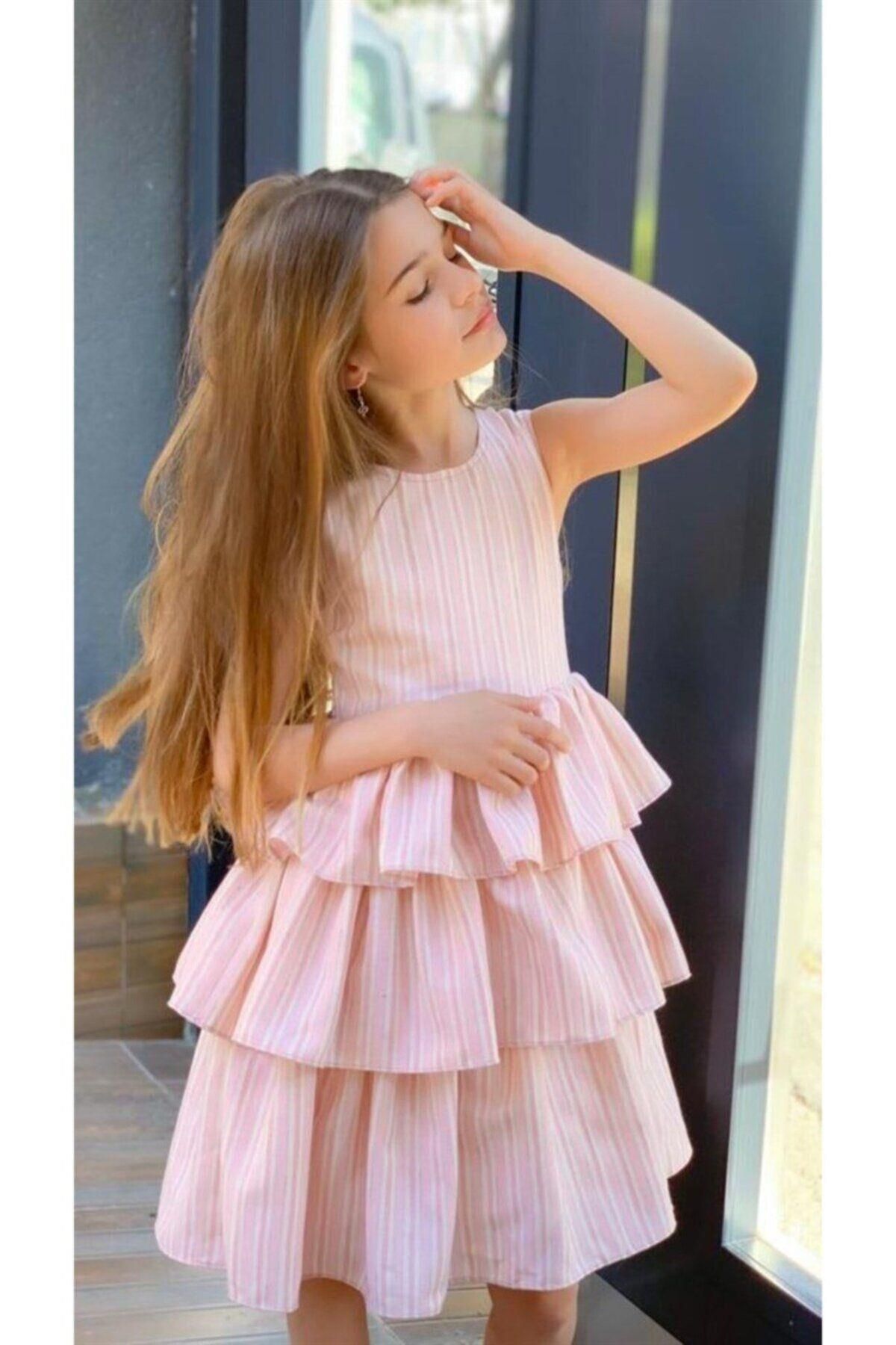 Hilal Akıncı Kids Kız Çocuk Çizgili Kat Kat Elbise