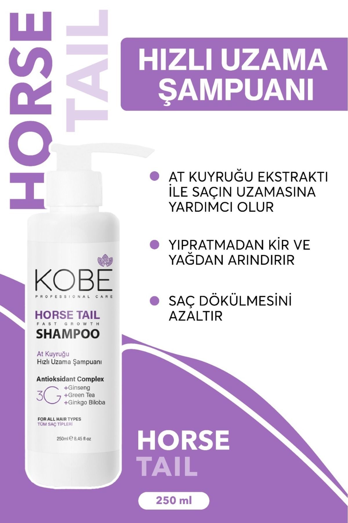 KOBE Yıpranmış Ve Zayıf Saçlar Için Hızlı Uzamaya Yardımcı At Kuyruğu Şampuan 250 ml