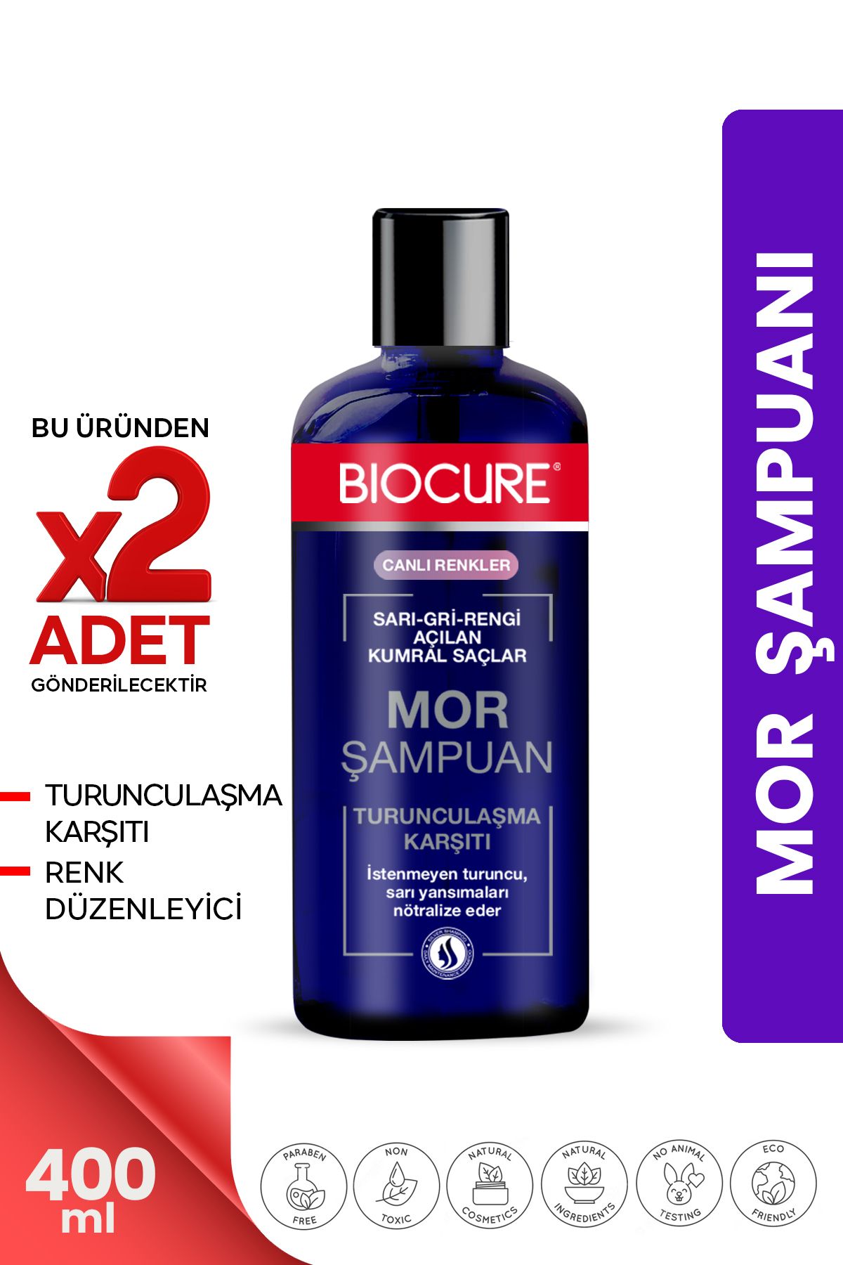Biocure Turunculaşma Karşıtı Mor Şampuan / Sarı-gri-rengi Açılan Kumral Saçlar Için 400 Ml. X 2 Adet