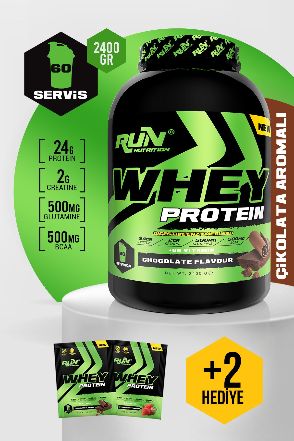 Run Nutrition Whey Protein - 2.4 Kg - Çikolata Aromalı - 60 Servis - Hediyeli