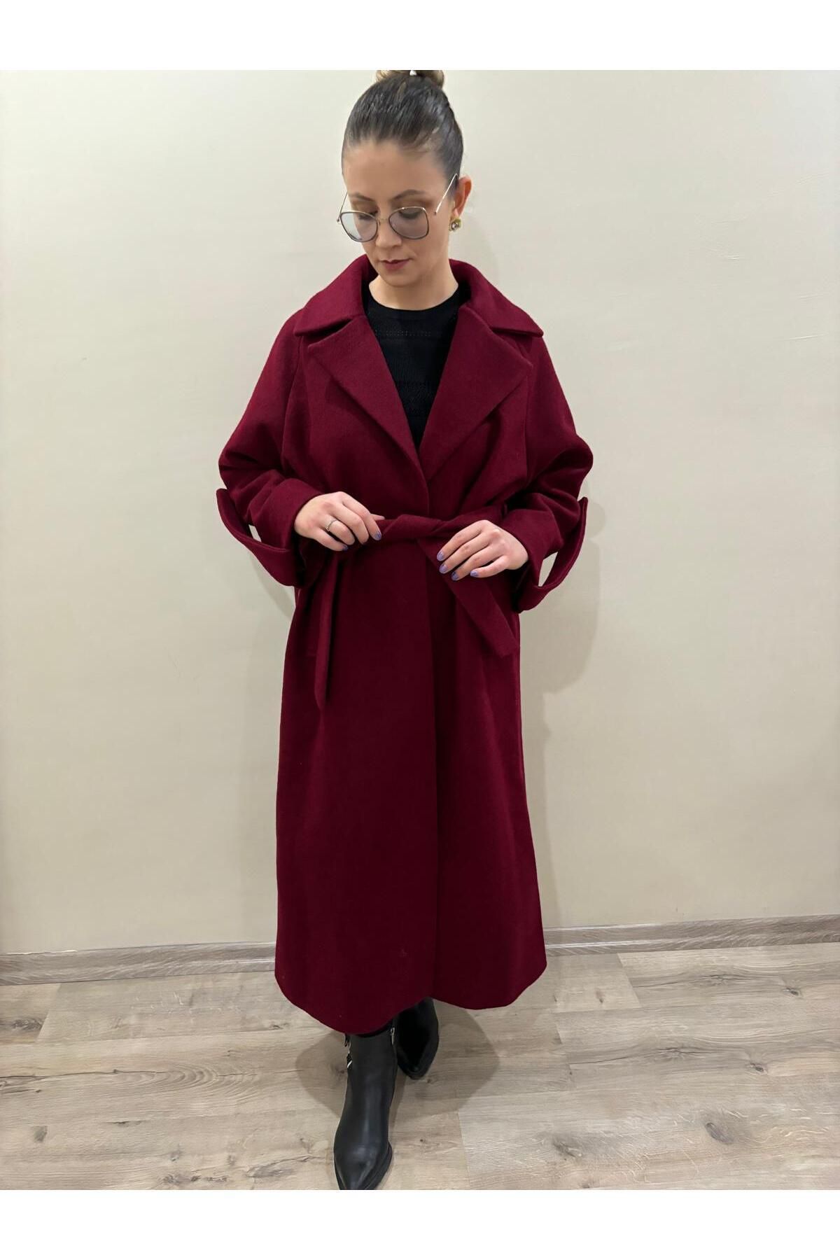 hot fashions KADIN BORDO RENK PAMUK KARIŞIMLI KUŞAKLI ŞIK UZUN KABAN