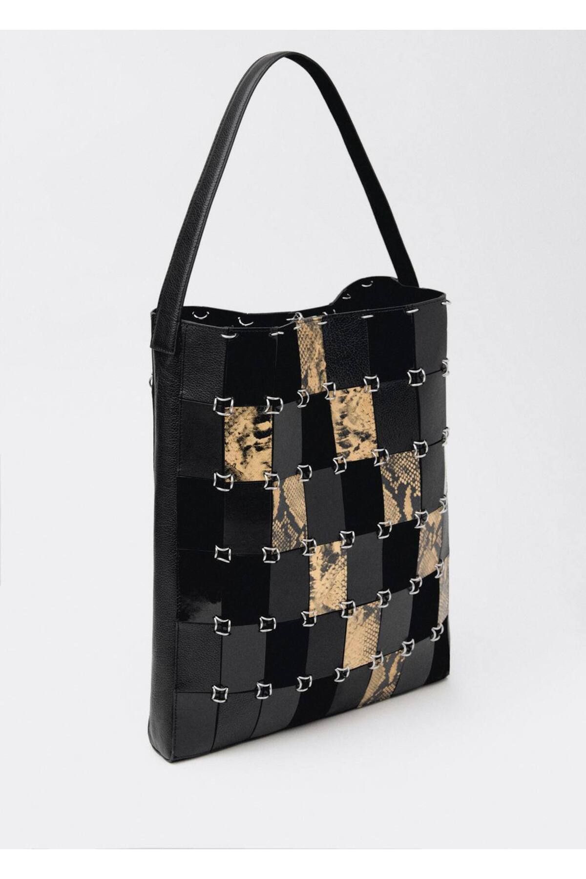 MANGO Patchwork deri shopper çanta