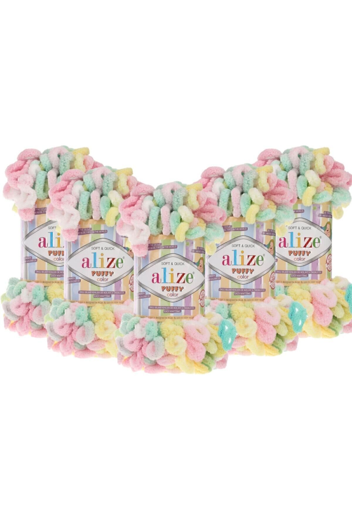 Alize (5 Adet ) Puffy Color El Örgü Ipliği 5'li Paket - 5862 Gökkuşağı - 100 Gr. 9 Mt. Parmak Örgü Ipi