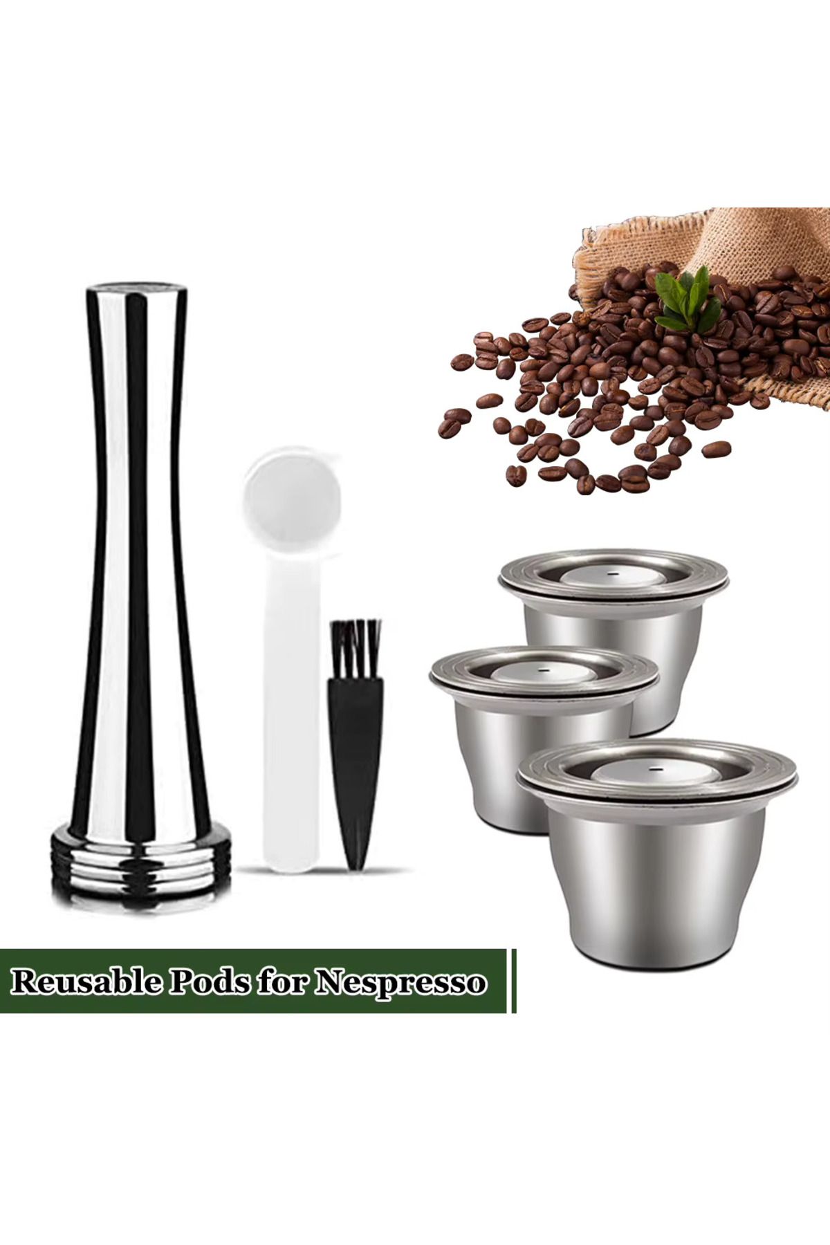SONREYON 3 Adet Doldurulabilir nespresso Çelik Kahve Kapsülü + Tamper ( Yıkayıp Tekrar Kullanabilirsiniz. )