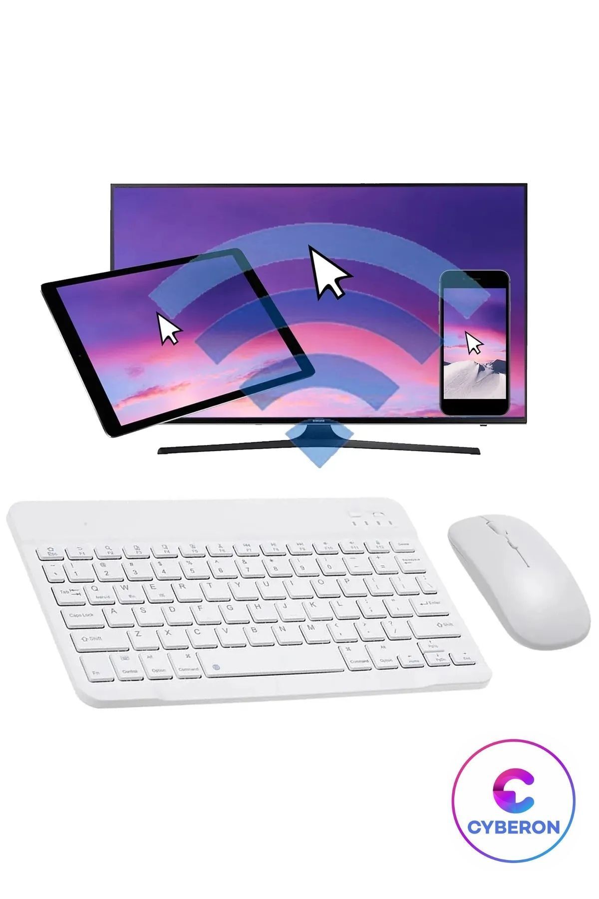 CYBERON Tüm Cihazlara Uyumlu Akıllı Taşınabilir Şarj Edilebilir Kablosuz Bluetooth Klavye ve Mause Seti
