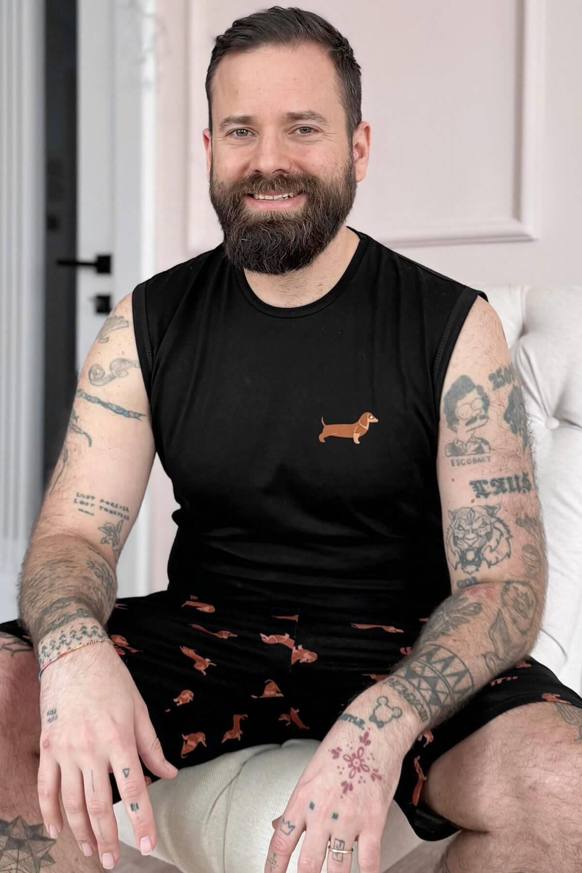 Pijamaevi Siyah Dasch Baskılı Sıfır Kol Şortlu Erkek Pijama Takımı