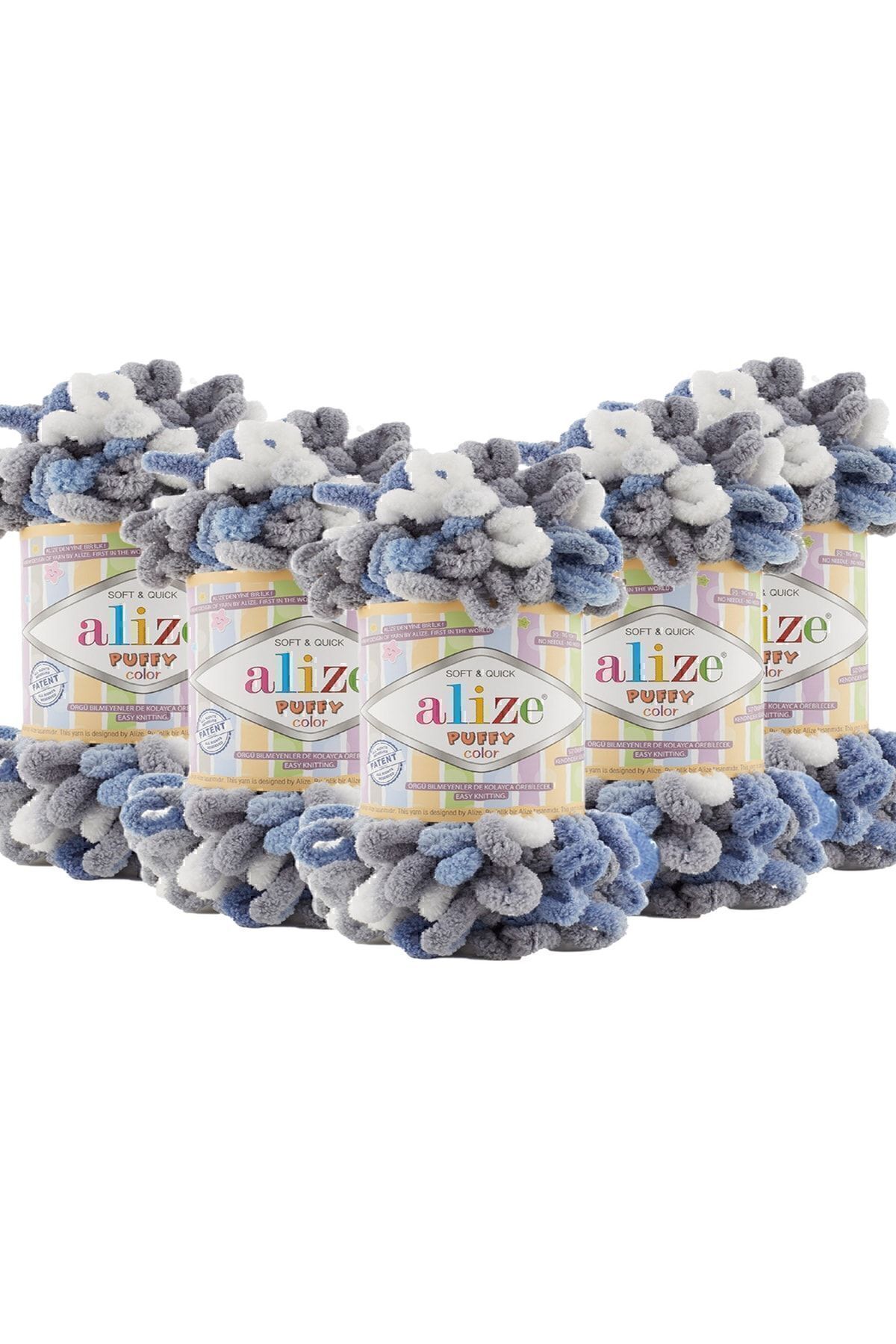 Alize (5 Adet ) Puffy Color El Örgü Ipliği 5'li Paket 6075 Gri Mavi 100 gr 9 Mt Parmak Örgü Ipi