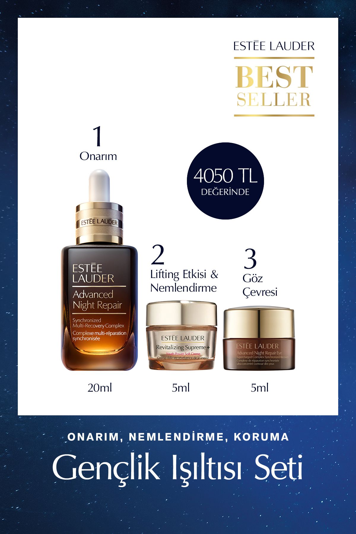 Estee Lauder Cilt Bakım Seti - Advanced Night Repair Serum 20ml Revitalizing Supreme Krem 5ml Göz Kremi 5ml