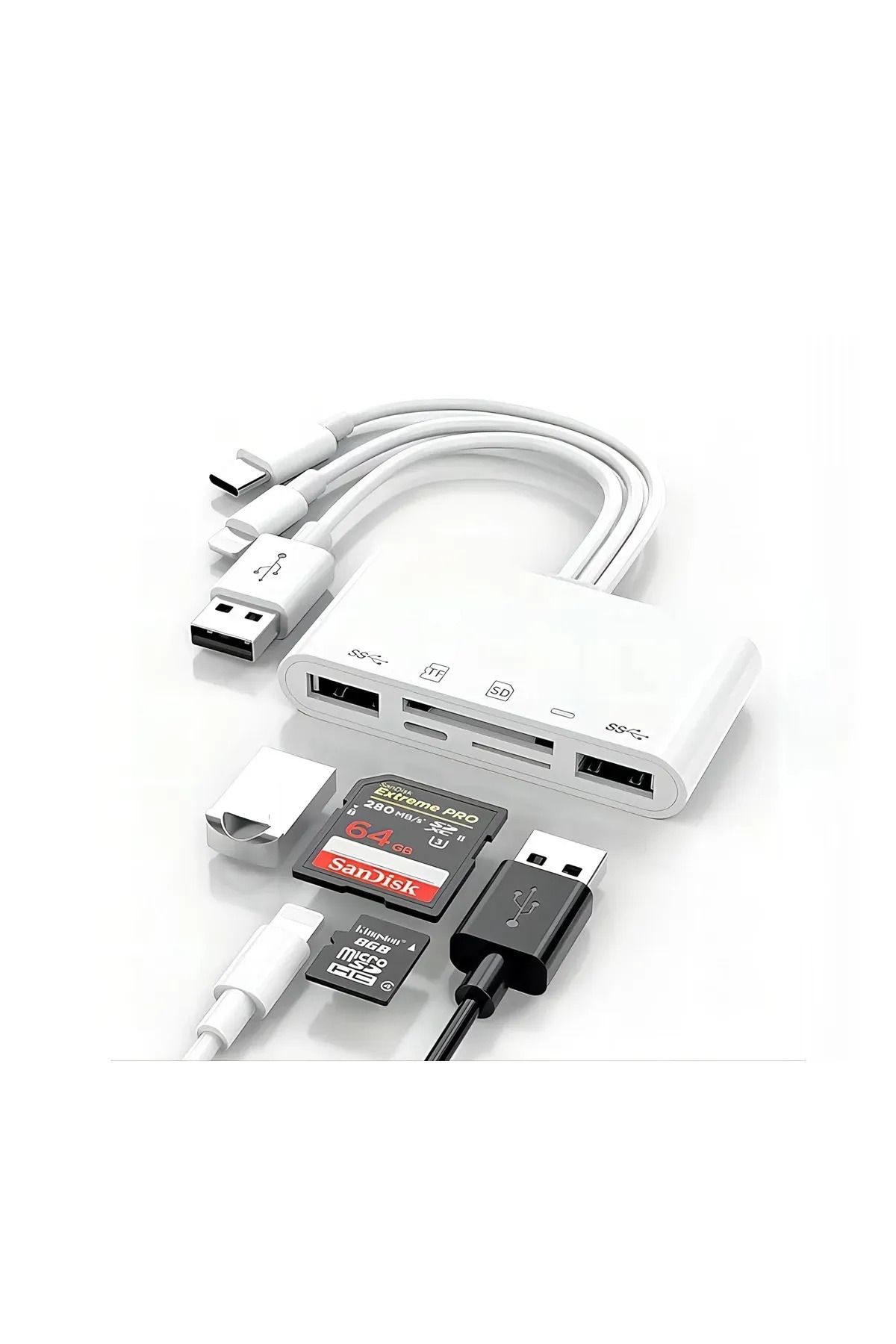 MATECHNO 5 in 1 Lightning  Usb-A  Type-C Çıkışlı Çoklu OTG Çevirici Adaptör SD TF Kart Okuyucu USB Hub