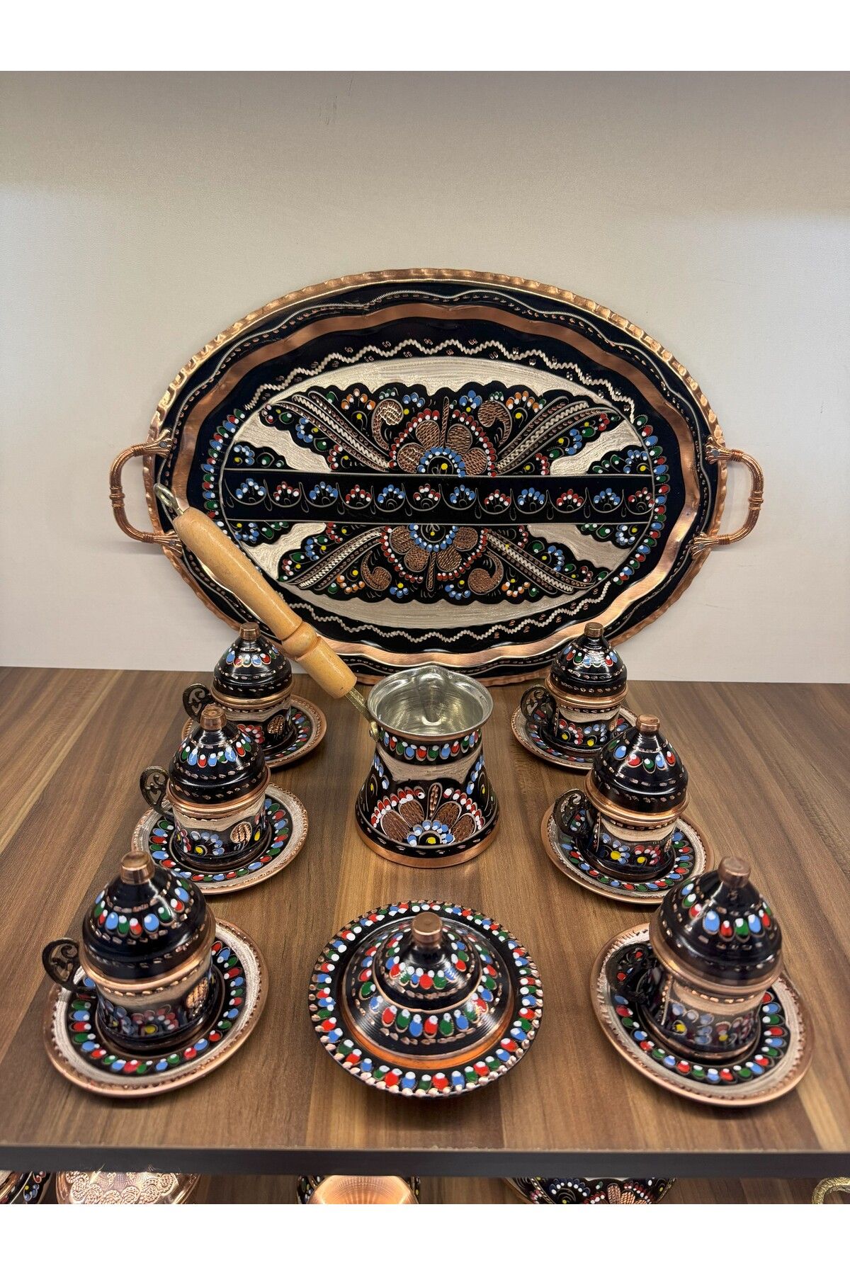 Home Bakır Kahve Seti 6 Kişilik Set (Tepsi, fincan, cezve ve lokumluk)