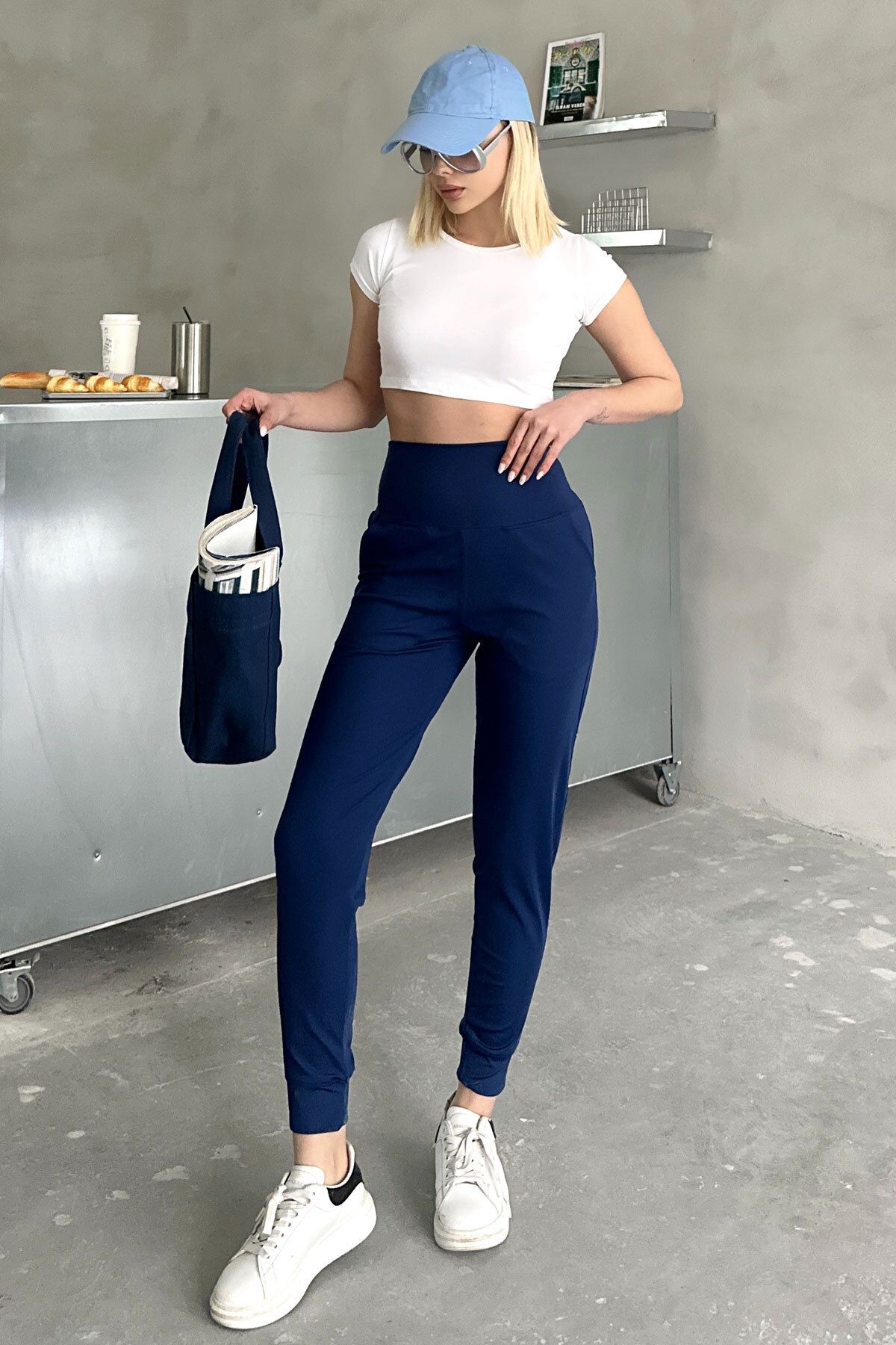 C&CITY Yüksek Bel Manşetli Paça Jogger Eşofman Altı 811 Lacivert