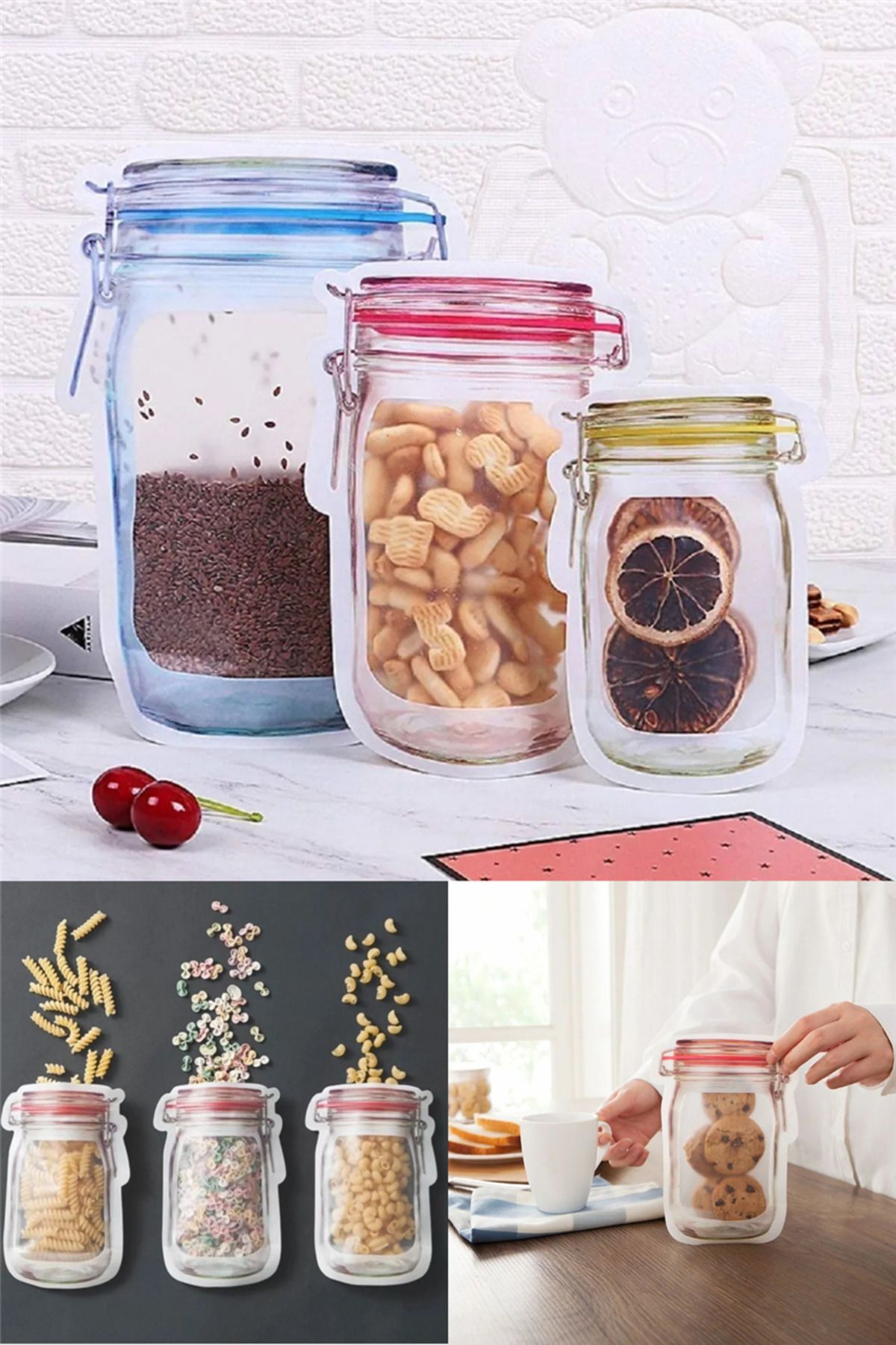 omilife Poşet Kavanoz Görünümlü Poşet Şeffaf Kilitli Poşet Pratik Kavanoz Deseni 3 Adet Large