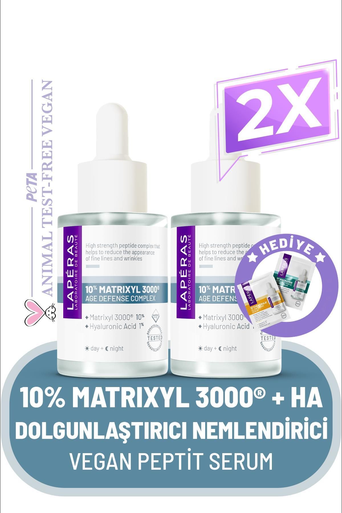 LAPERAS 10% Peptide Matrixyl 3000® 1% Hyaluronic Dolgunlaştırıcı Nemlendirici Vegan Peptit Serum 2'li Paket