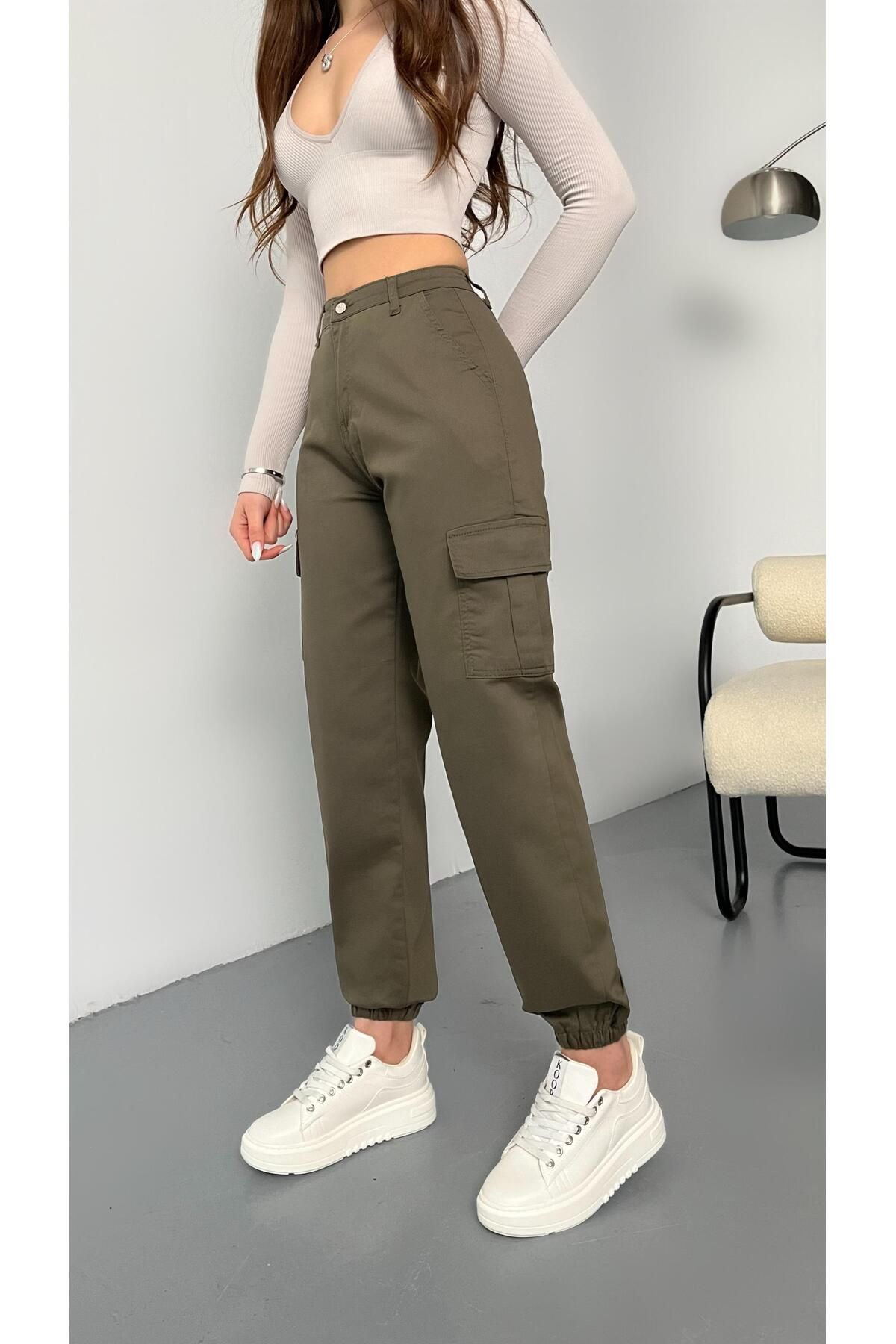 BİKELİFE Haki Kargo Cepli Gabardin Kumaş Pantolon