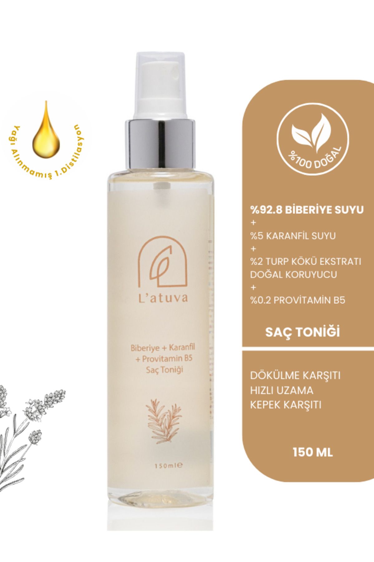 L'atuva Biberiye + Karanfil Suyu %100 Doğal, Dökülme Karşıtı, Saç Uzamasını Destekleyici Saç Toniği 150 Ml