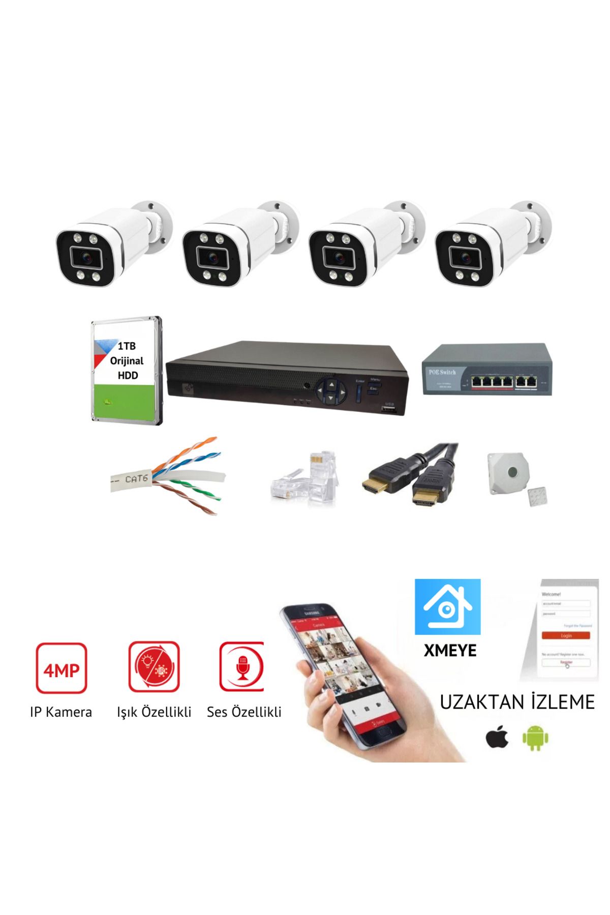SUNVEO 4mp 7/24 Renkli Görüşlü Mikrofonlu Ip Kamera Seti (SES) 4 Warmled