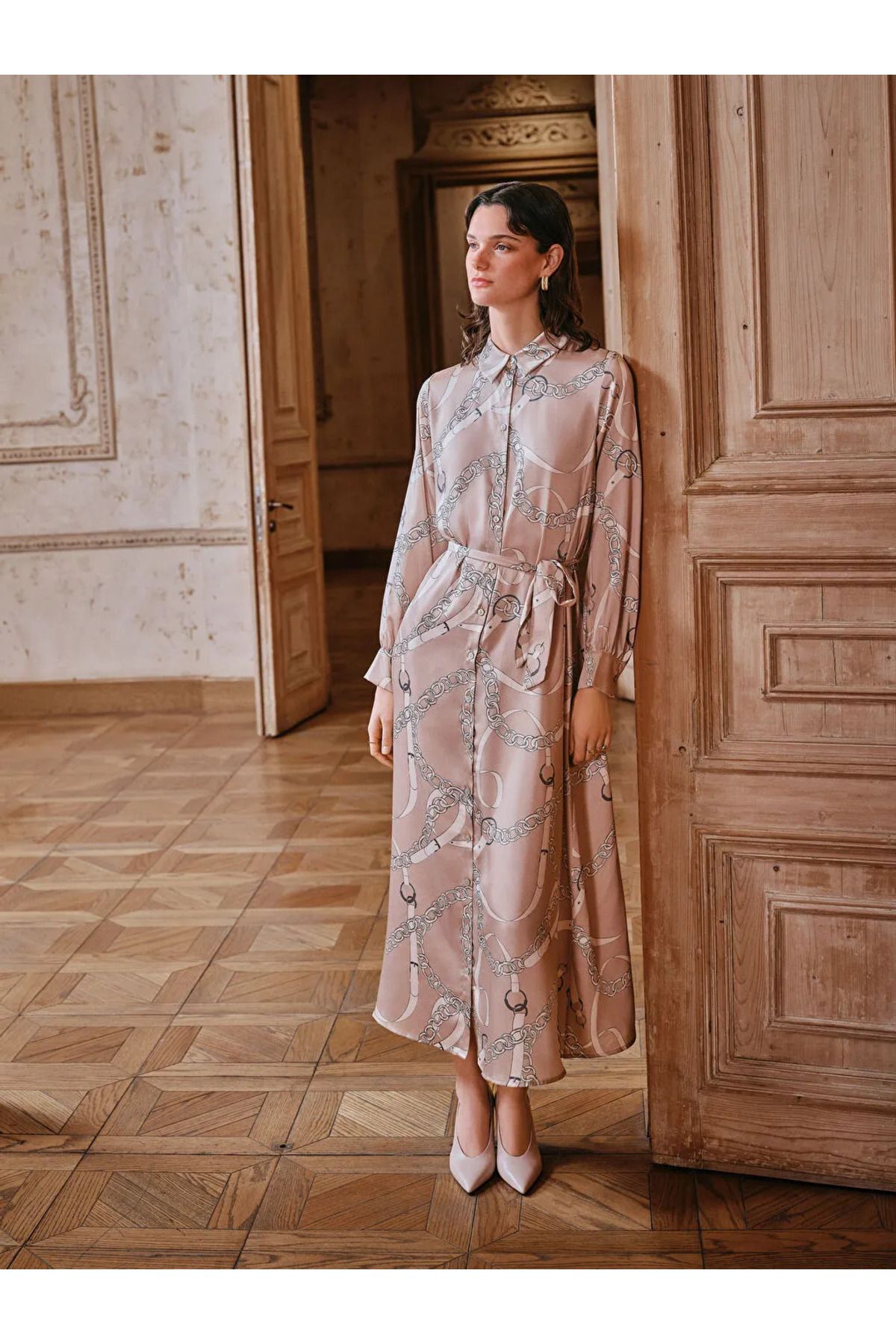 LC Waikiki LCW Modest Ekru Desenli Kadın Gömlek Elbise
