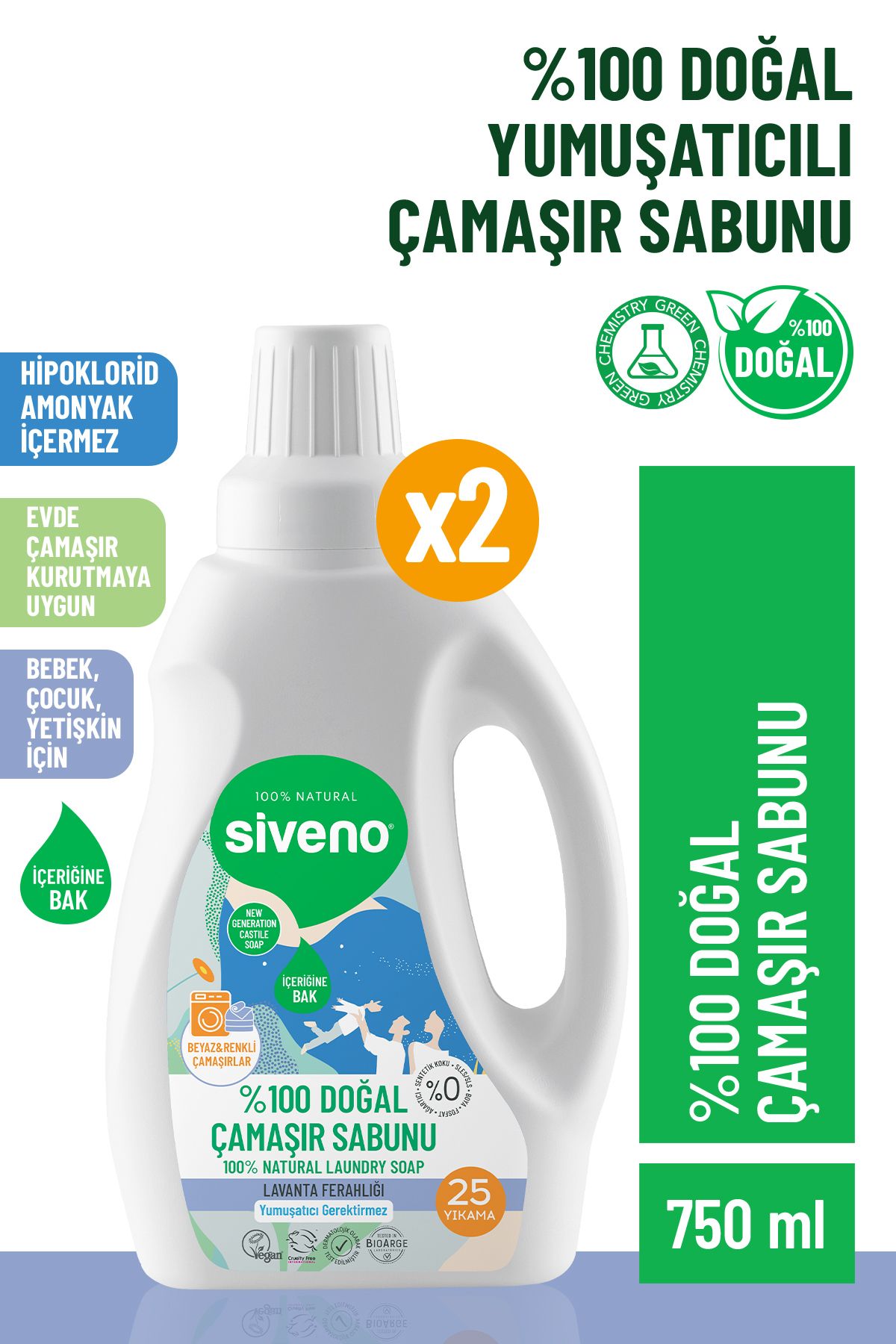 Siveno %100 Doğal Çamaşır Sabunu %100 Bitkisel Deterjan Yumuşatıcı Gerektirmez Konsantre 750 ml X 2 Adet