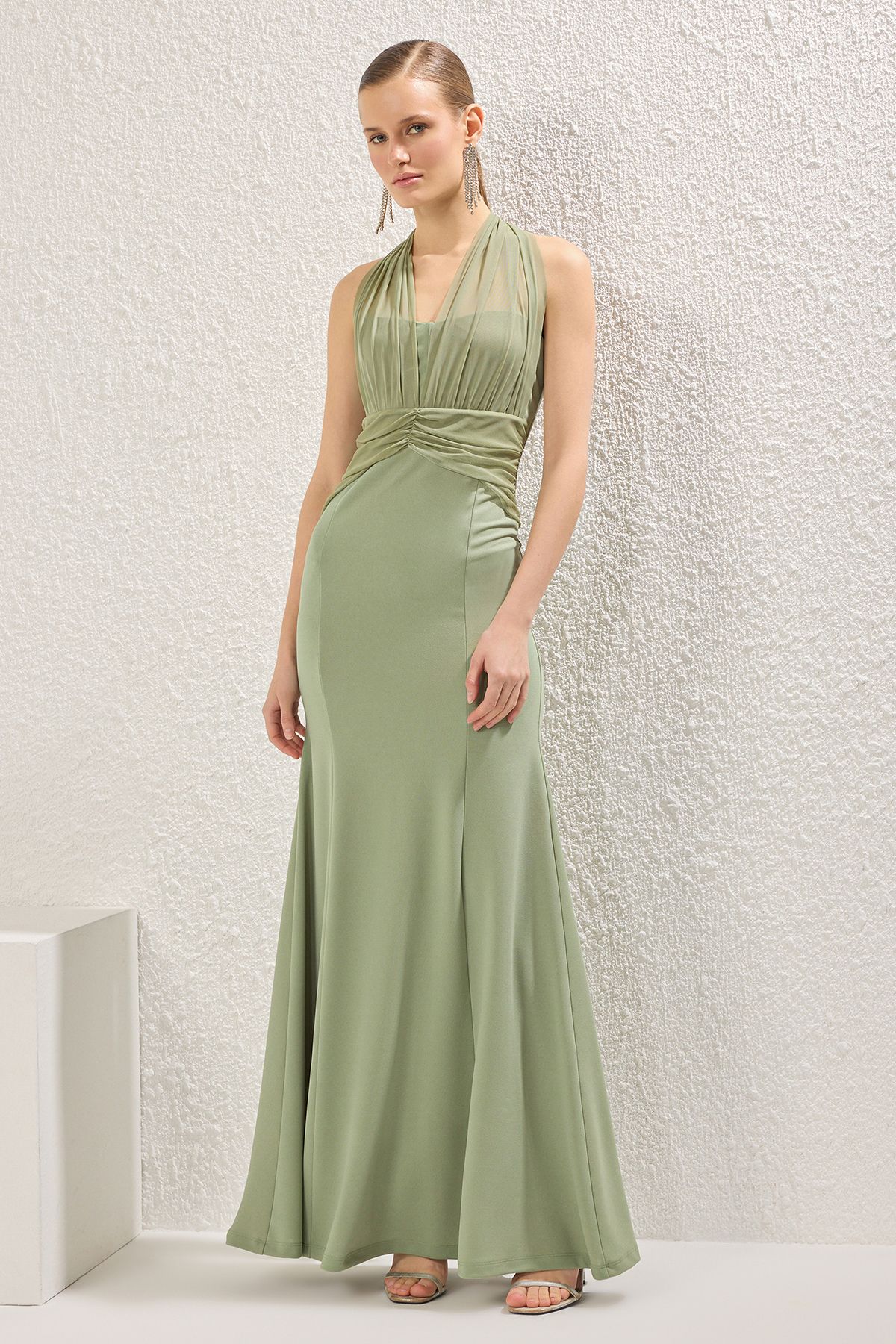 Trendyolmilla Mint Balık Kesim Drapeli Örme Uzun Şık Abiye & Mezuniyet Elbise TPRSS25AE00057