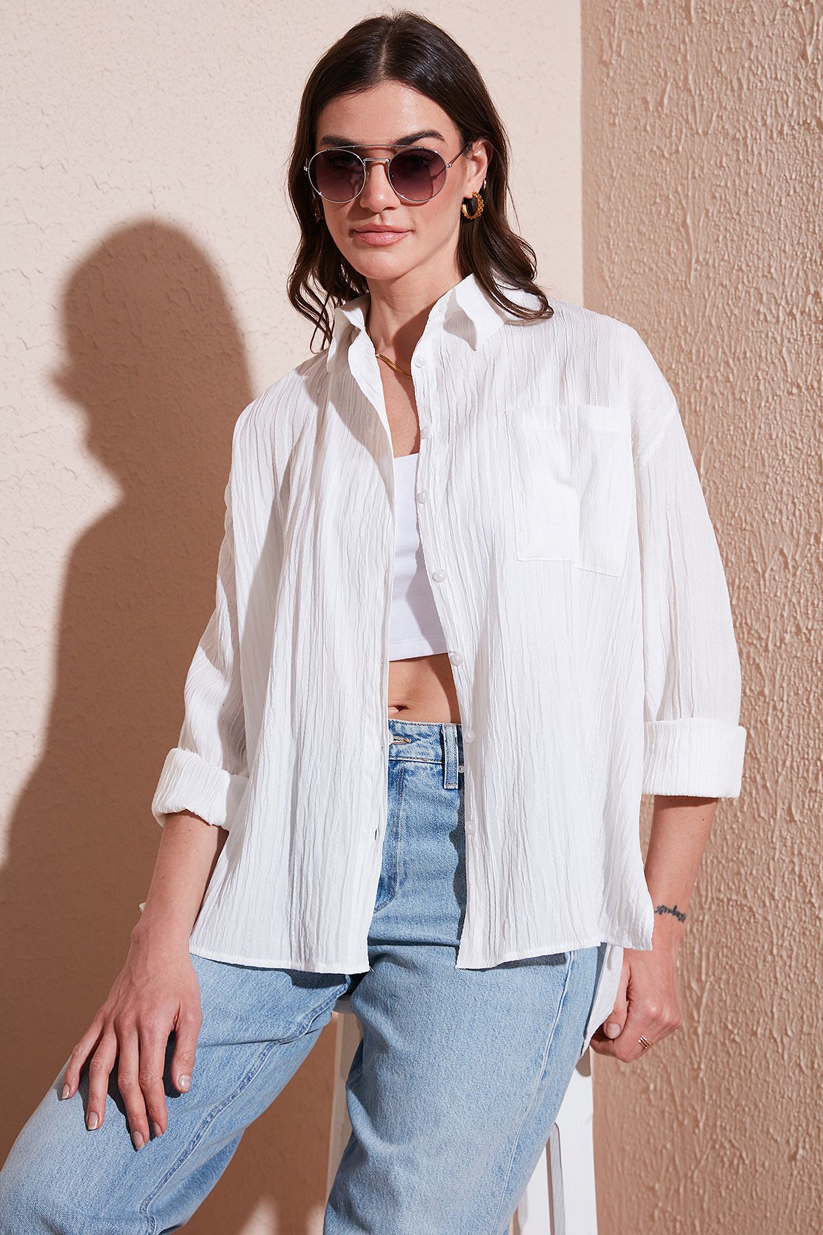 Lela Regular Fit Tek Cepli Önü Kısa Arkası Uzun Krinkıl Gömlek GÖMLEK 6772752