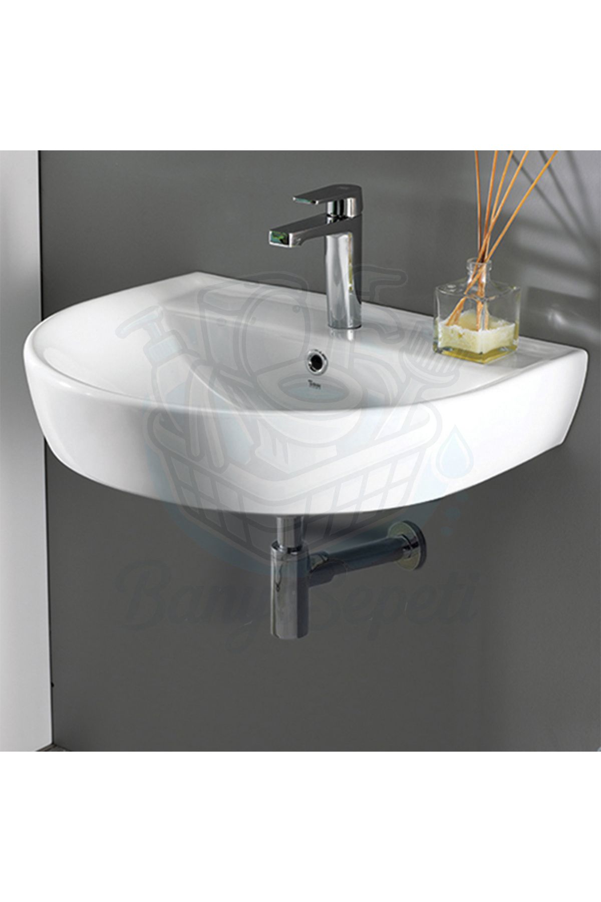 banyosepeti GrandWall Duvara Monte Armatür Delikli Seramik Lavabo – 60x50 cm, Beyaz
