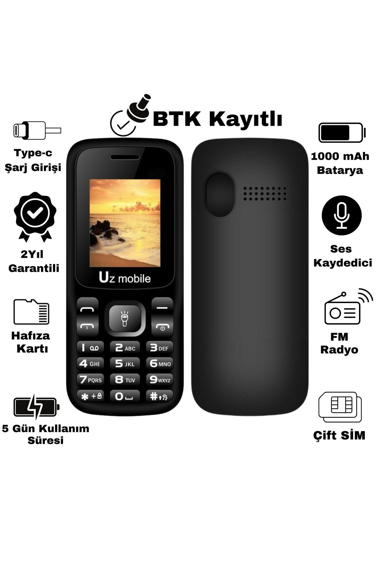 UZ Mobile - Çift Sım Kartlı, Yerli Üretim Tuşlu Telefon (Uz Türkiye Garantili)
