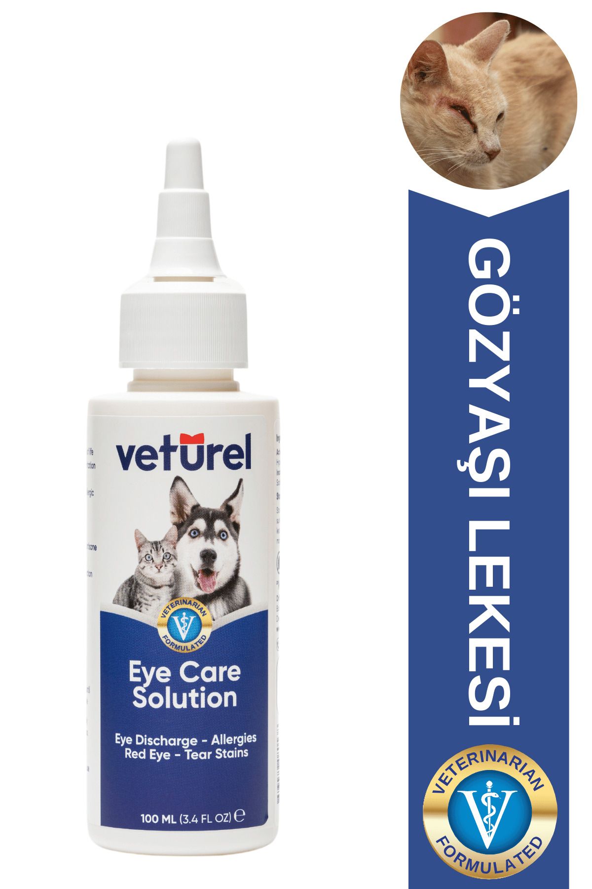 Veturel Kedi Göz Temizleme Solüsyonu Köpek Alerji Kızarıklık Enfeksiyon Gözyaşı Bakımı Göz Damlası 100ml