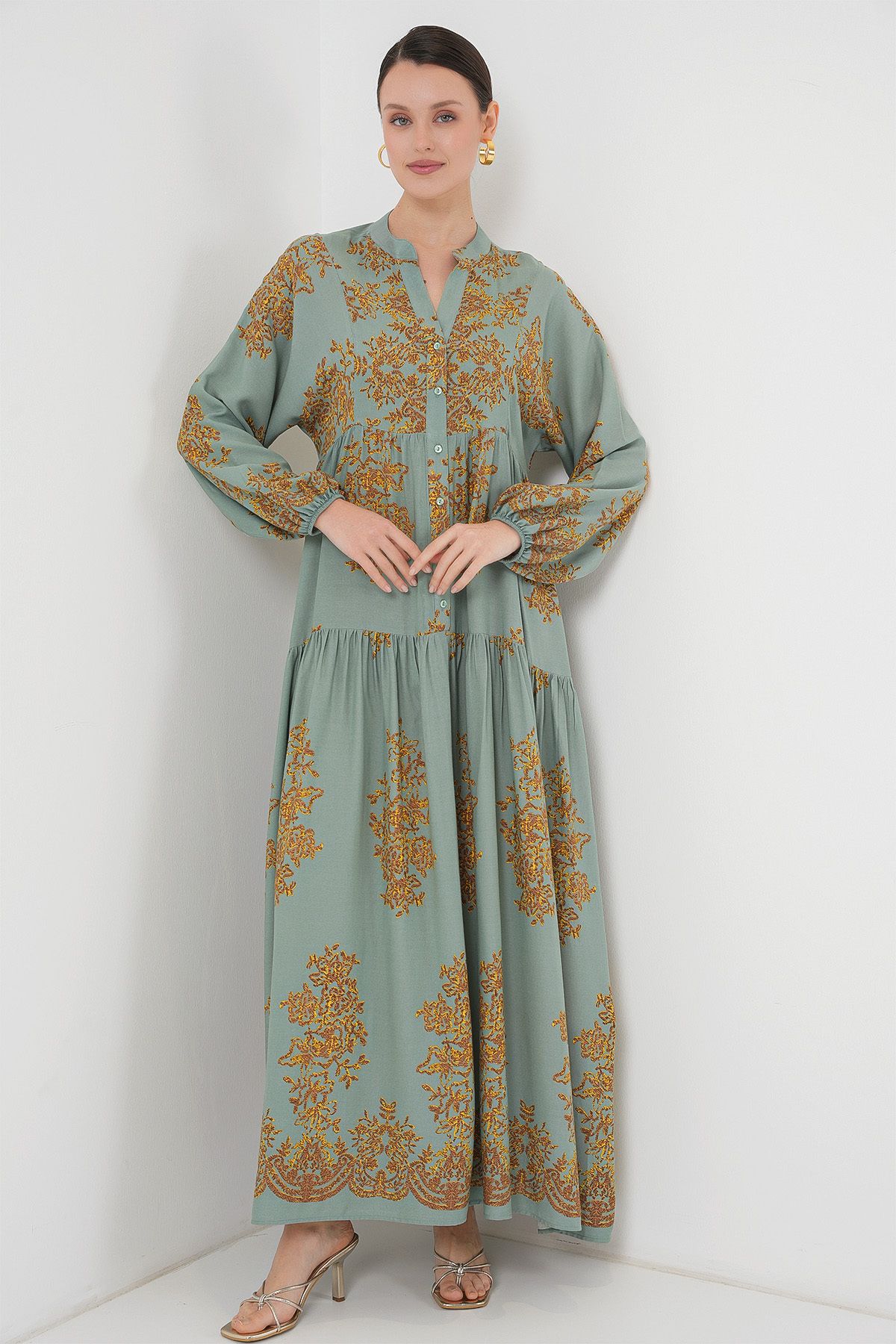 Bigdart Mint Gold Desenli Tesettür Elbise 2423